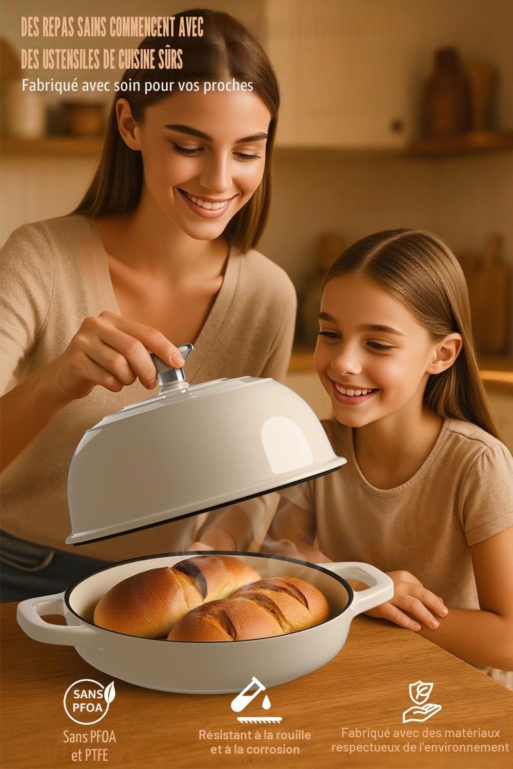 GFTIME Casserole en fonte avec couvercle, 5 quart Dutch Oven, moules à pain avec panier de fermentation, trancheuse, mélangeur à pâte, casserole en fonte pour cuisine, pâtisserie