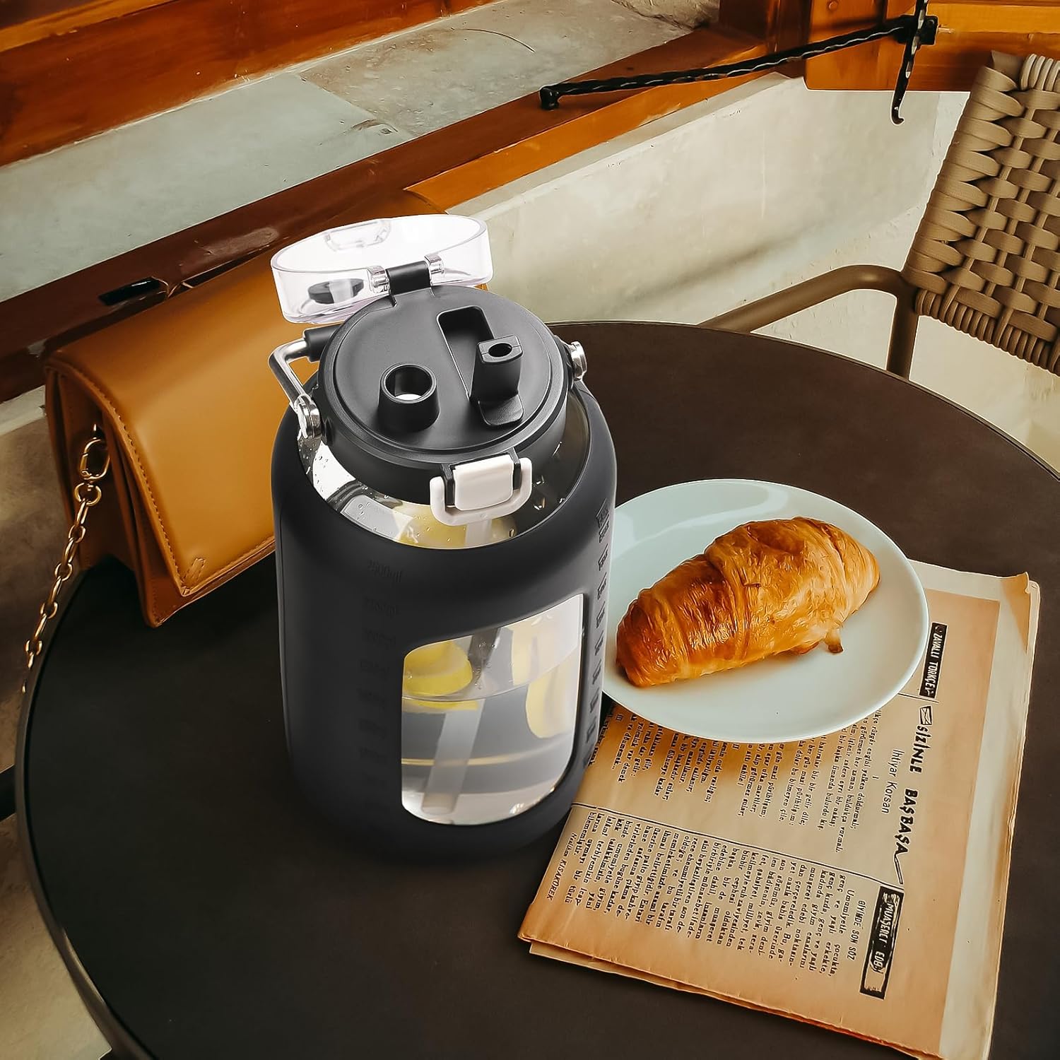 BLUEGO 84oz Water Bottle Glass with Stainless Steel Handle Large 2.5l Water Bottle with Time Markers and Silicone Sleeve Half Gallon Water Jug BPA Free for Gym Daily Use, Black - Image 6