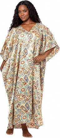 Up2date Fashion Womens Long Satin Caftan/Kaftan/Muumuu, Geometric Abstract Rings Print, Style Caf-92
