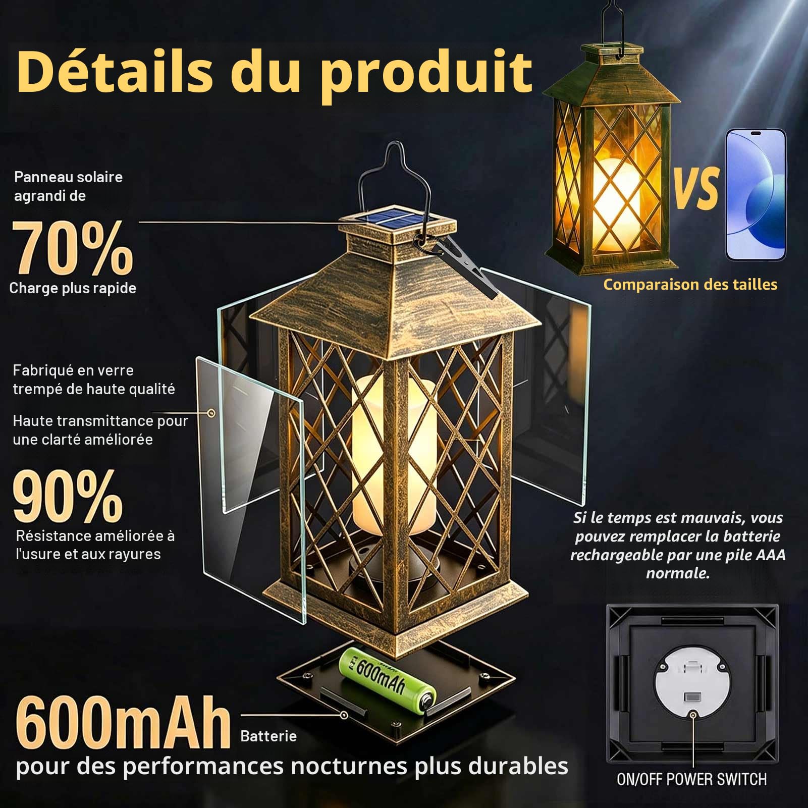 Joycome Lanterne Solaire Exterieur, 2 Pièces Lampe Solaire Exterieur Jardin avec Bougie a Poser/Suspendre, IP44 Étanche Lanterne Extérieur pour Jardin Terrasse Table Balcon Cimetière Pergola - Bronze