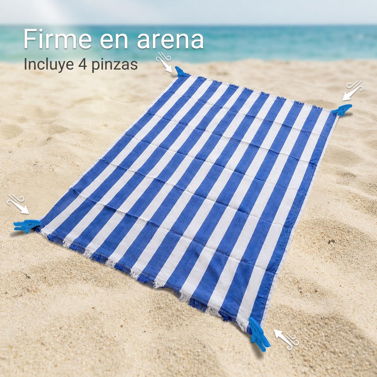 Pincho Toalla Playa Pack 2 Toalla Playa Grande, Beach Towel, Pinzas para Arena con 4 Piezas, Antiarena y Secado Rápido - XL 185 x 210 cm, Rayas Multicolor para Piscina y Camping, con Flecos