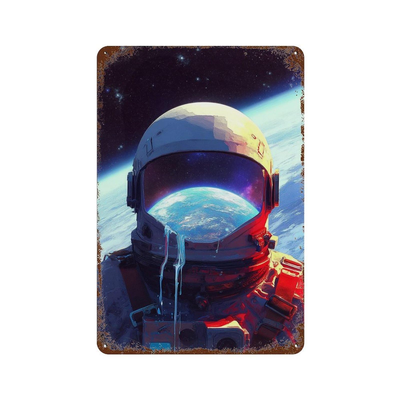 Rust Effect Astronaut in Space with Earth Background Distressed Metal Wall Sign 11.8"x7.9", Farmhouse Wall Decor for Office, Studio And Wall Decor
