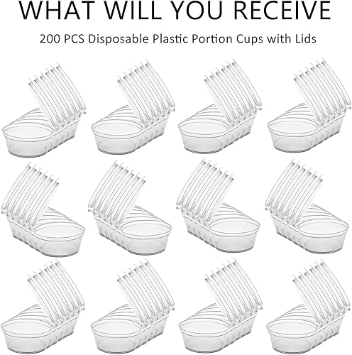 Miniatura 5 de RHBLME 200 juegos de vasos de plástico desechables con tapas, vasos herméticos apilables de 2 onzas, recipientes reciclables para condimentos, vasos