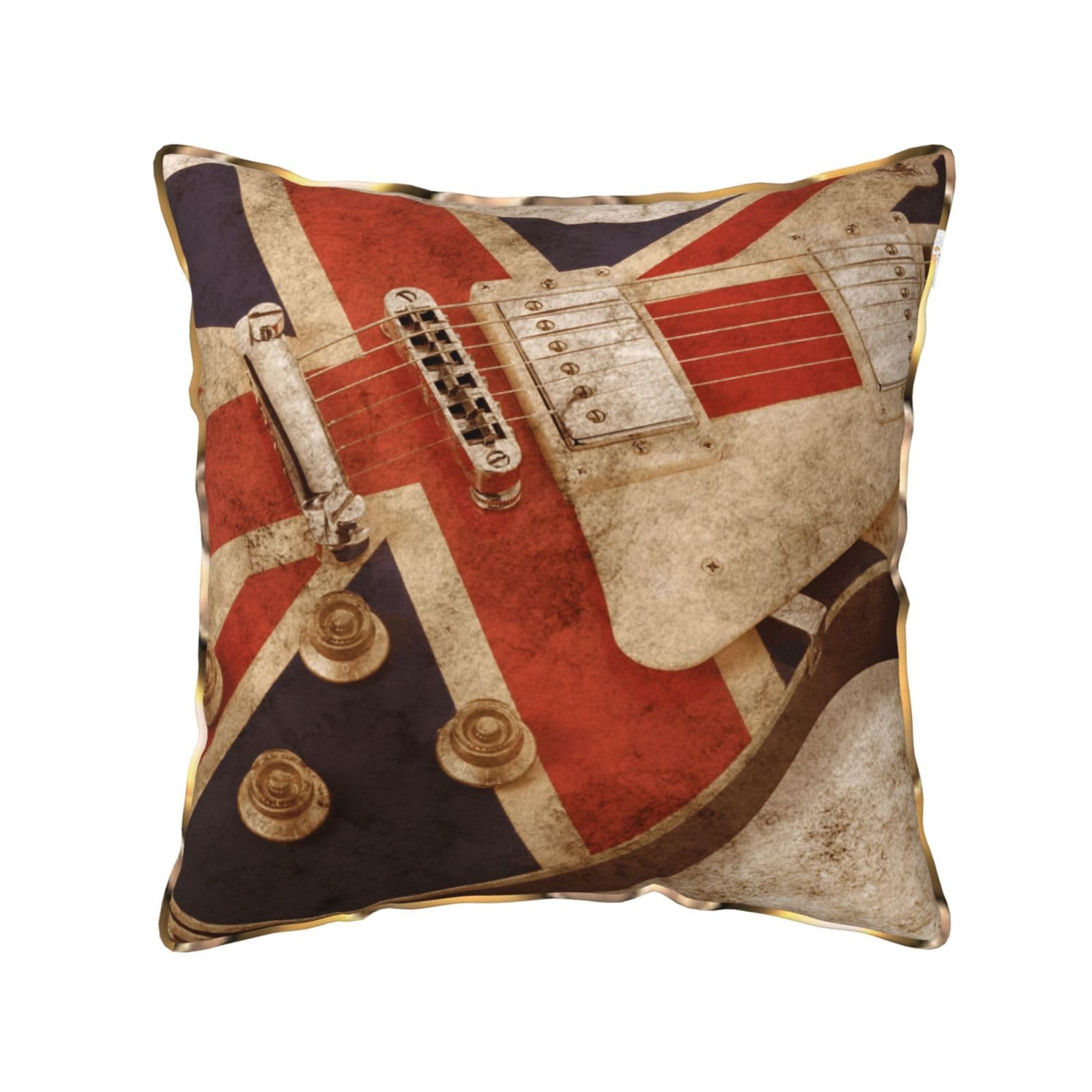 AUBKFELD Guitar British Flag Printed Velvet Cushion Cover 40x40 CM with Gold Edging Strip, Square Pillowcase Soft Throw Pillow Covers Case Decorative for Living Room Sofa Couch Bed Bench