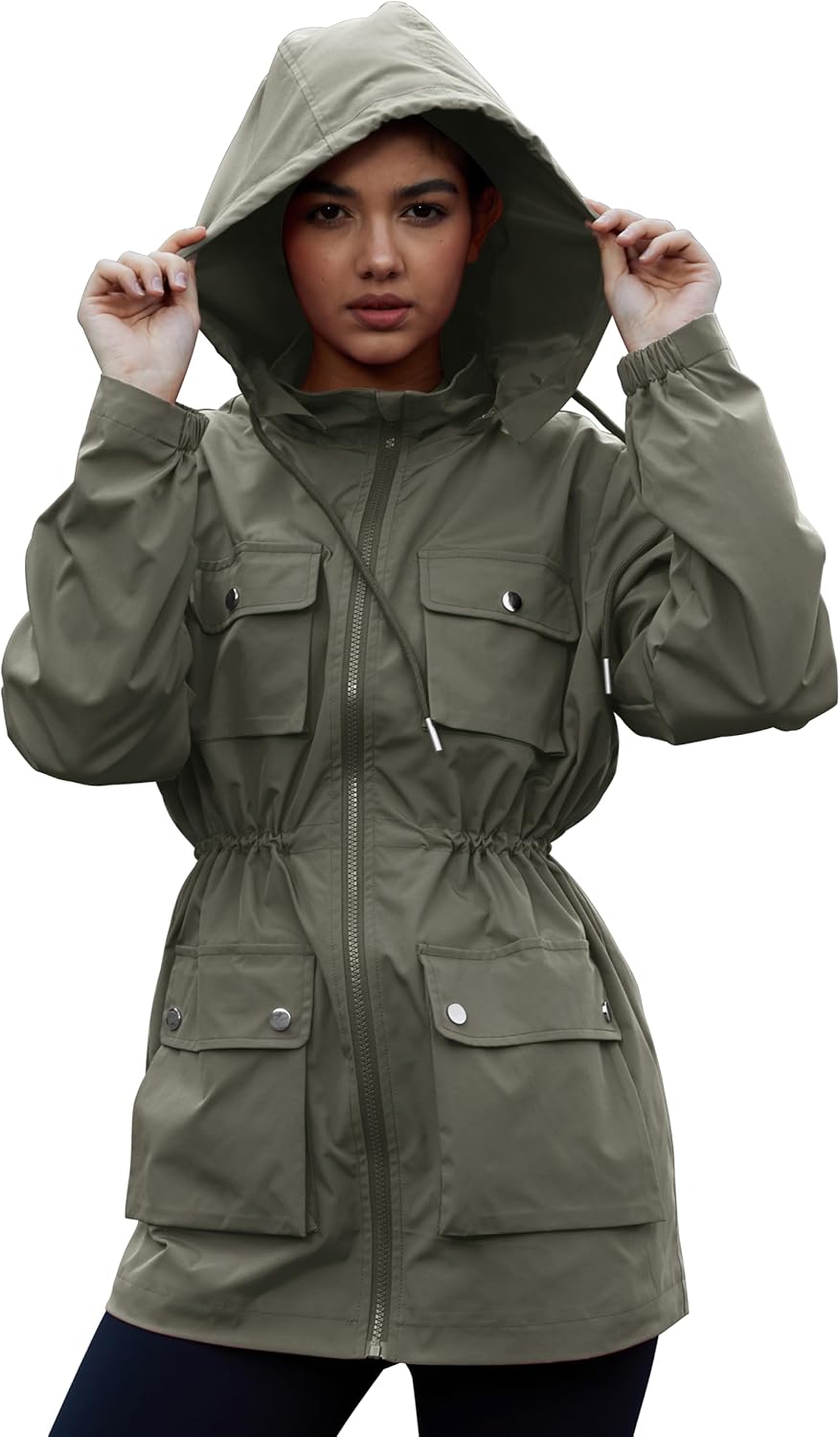 MAKARTHY Womens Packable Waterproof Windbreaker Rain Jacket with Removable Hood, Utility Cargo Raincoat with 7 Pockets