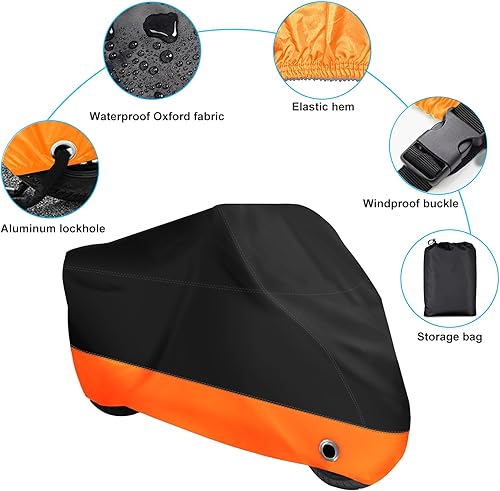 Miniatura 2 de XYZCTEM Funda para Motocicleta, Todas las Estaciones Negro y Naranja Impermeable Exterior Protección Solar Funda para Motocicleta, Se Ajusta a