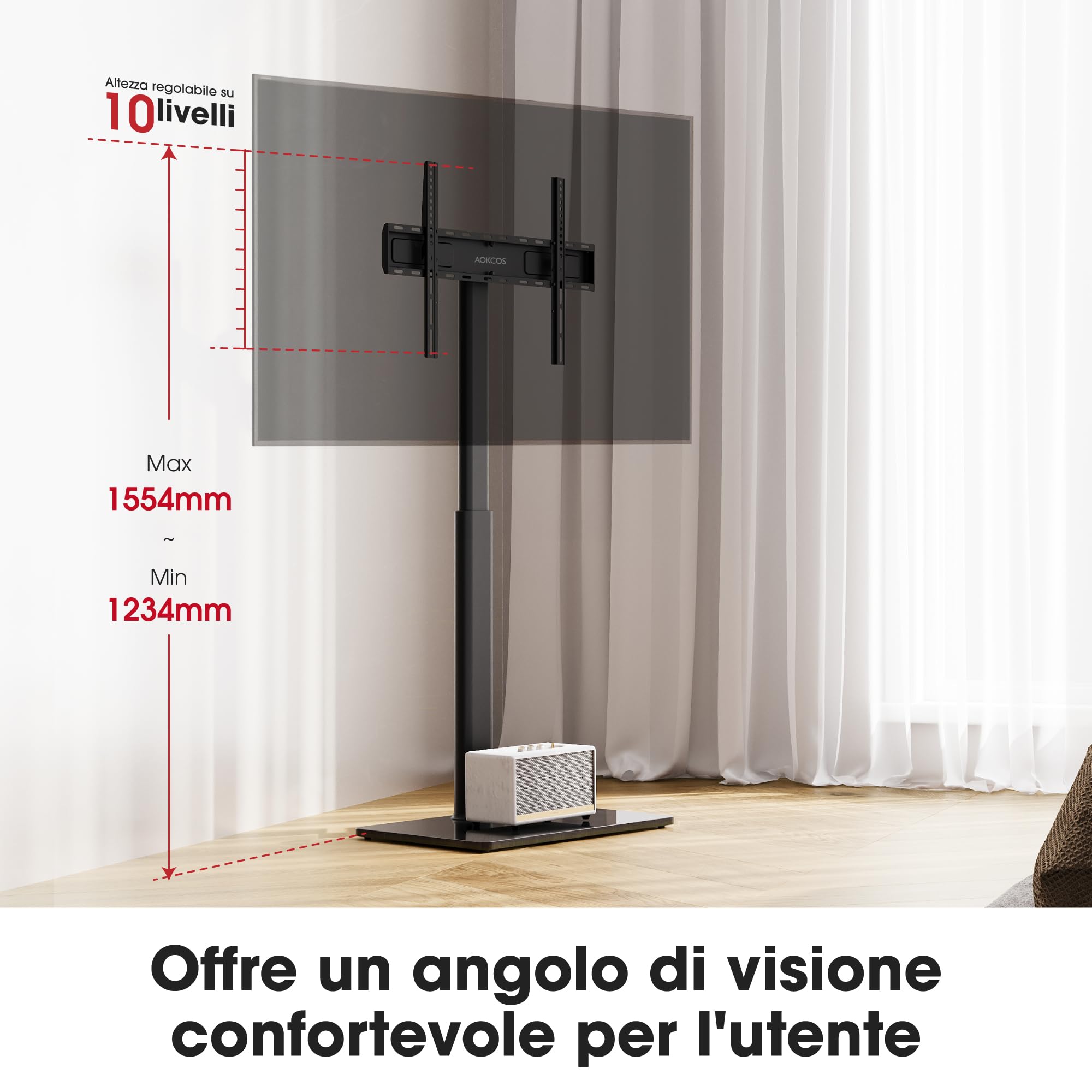 AOKCOS Supporto TV da Pavimento Girevole per 42-85 Pollici, inclinabile & Girevole & Altezza Regolazione Mobile Porta TV da Terra, Universale Max VESA 600x400mm 50kg