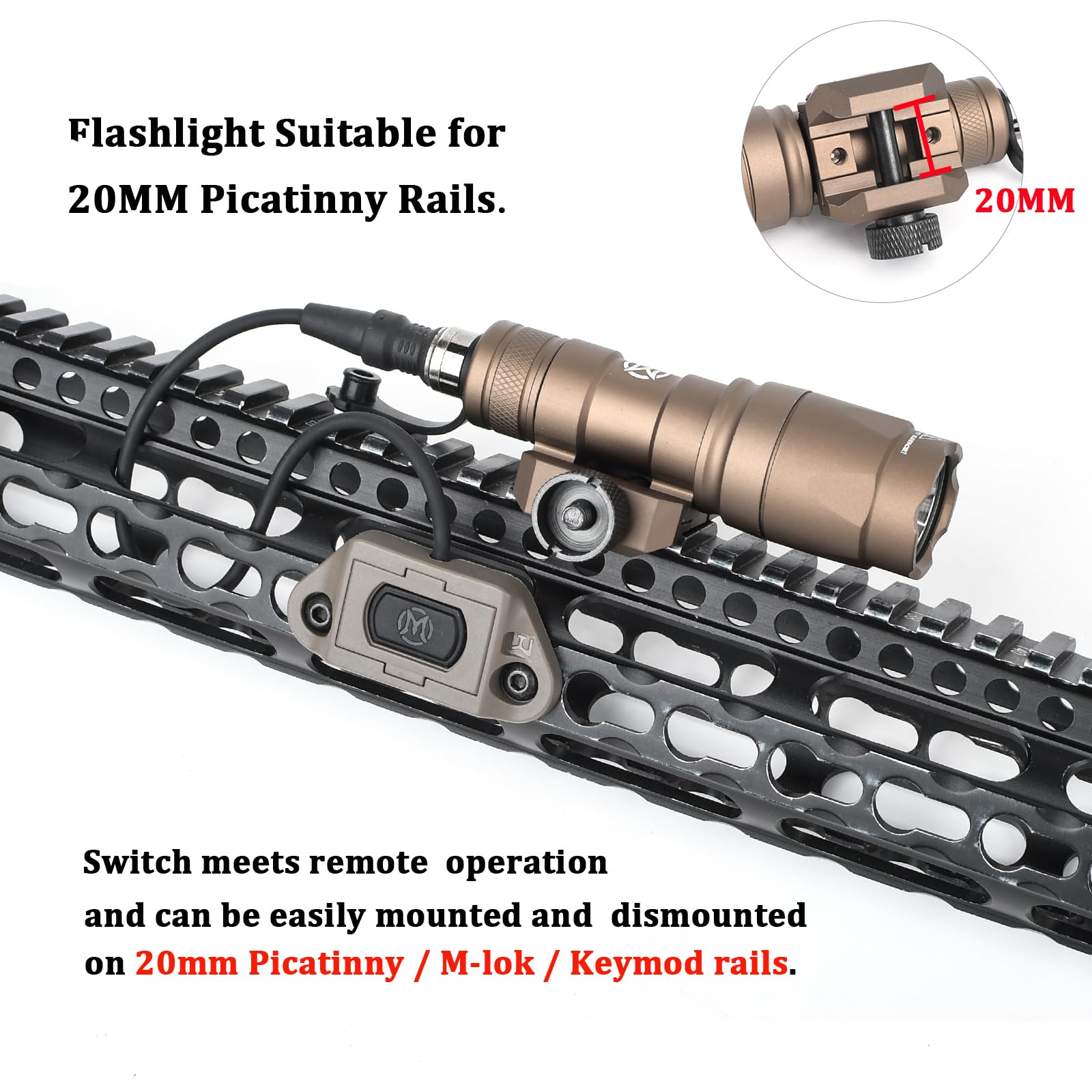 M300A Torcia Lanterna tattica con interruttore a pressione, lanterna da ricognizione a 600 lumen per il sistema ferroviario Mlok Keymod 20 mm Picatinini (Marrone)