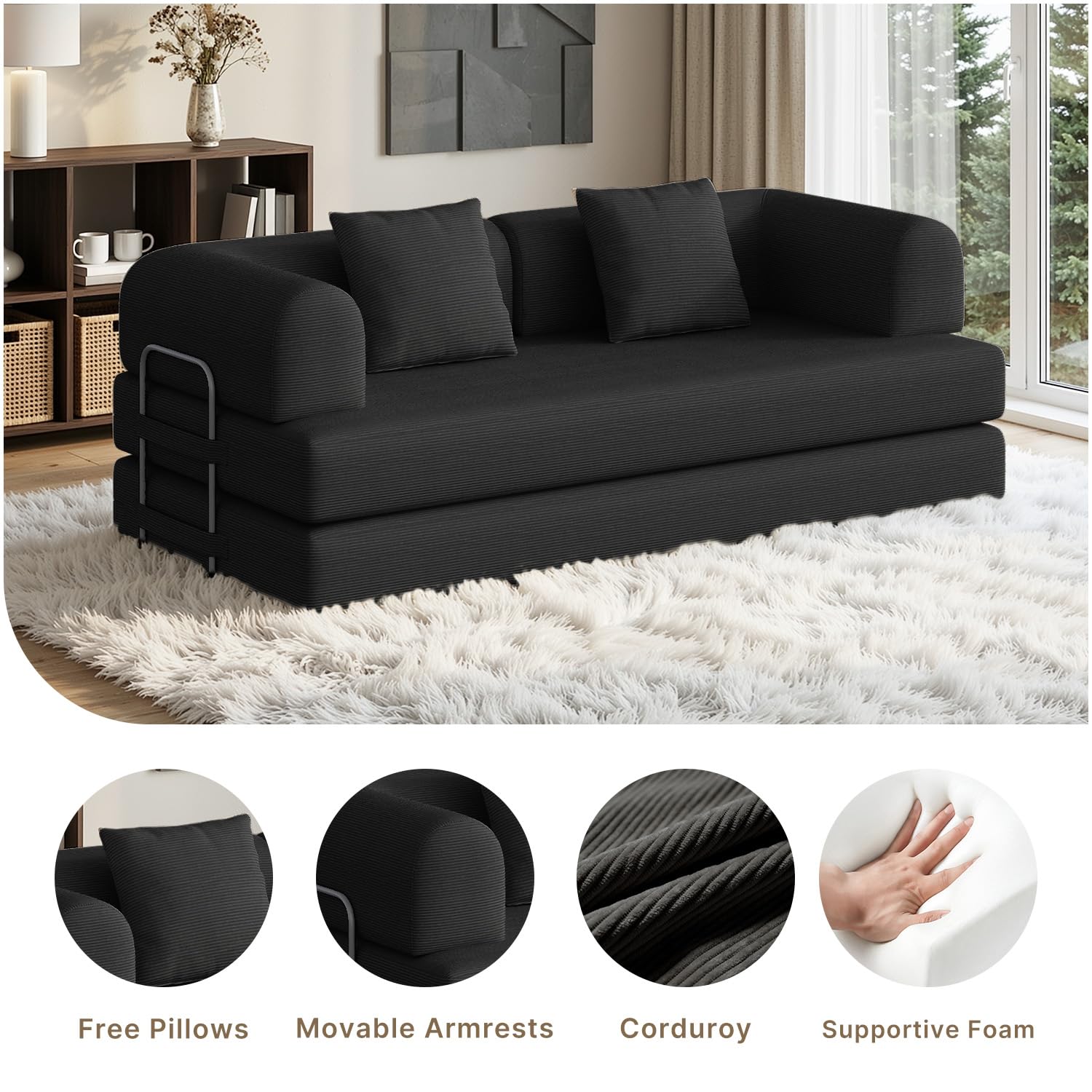 Xbro Sofa z funkcją spania 200 cm, 5 w 1, składana, bez stelaża, z podłokietnikami i 2 poduszkami, materiał sztruksowy, rozkładana sofa do salonu, sypialni, pokoju gościnnego, 200 x 100 x 61 cm