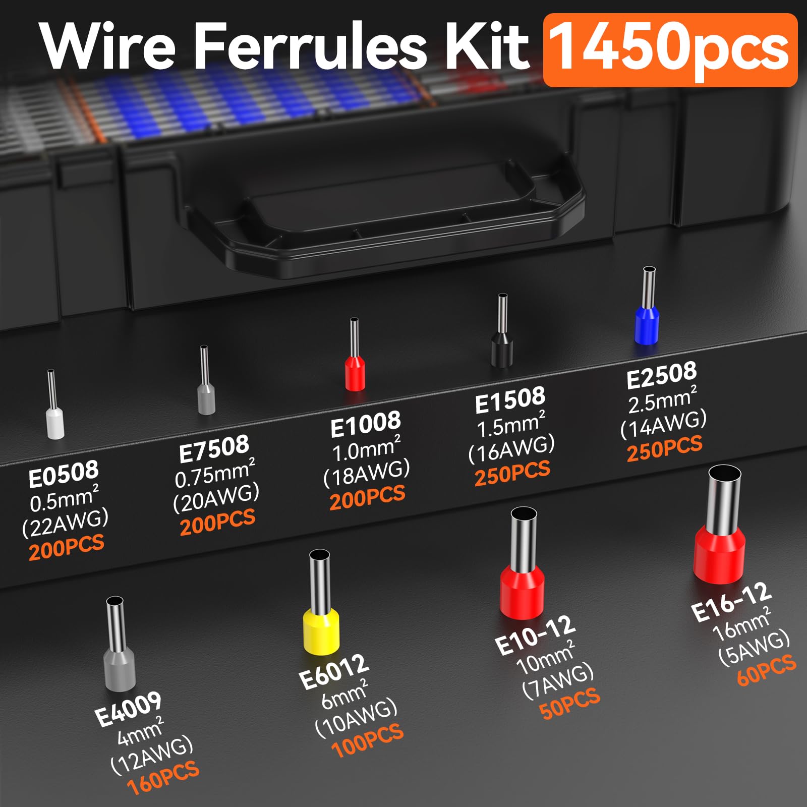 Preciva Crimpadora Terminales con 1450 Punteras Huecas y Pelacables, Alicates Crimpadora Ferrules 0,08-16 mm² Autoajustable con Carraca, Kit Terminales Electricos para Cables