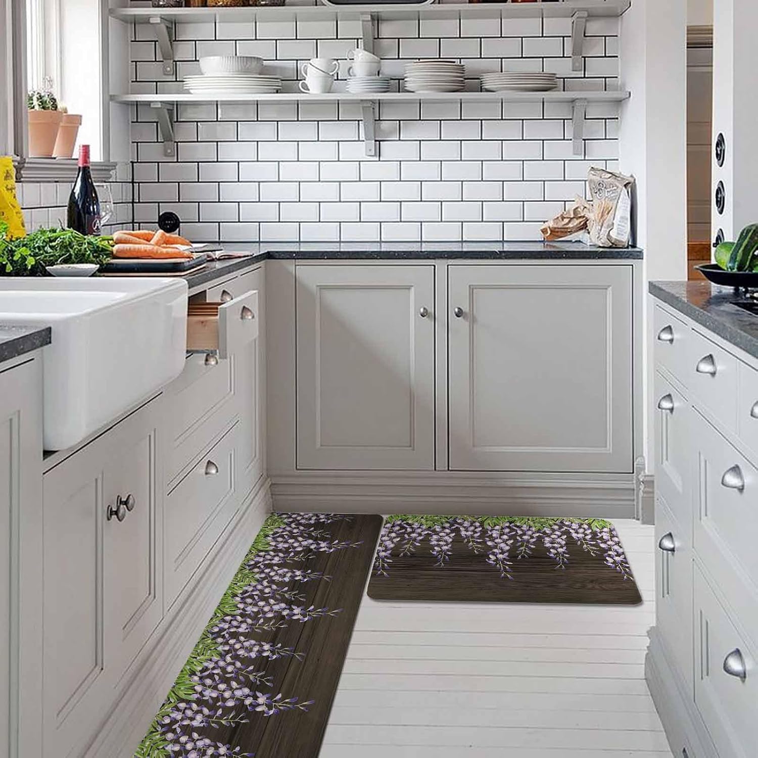 Purple Flowers Kitchen Rugs and Mats Set of 2, Non-Slip Kitchen Sink Mat, Weeping Spring Floral Wooden Pastoral Washable Doormat Bathroom Rugs Runner for Bedroom/Living Room 19.7"x23.6"+19.7"x47.2"
