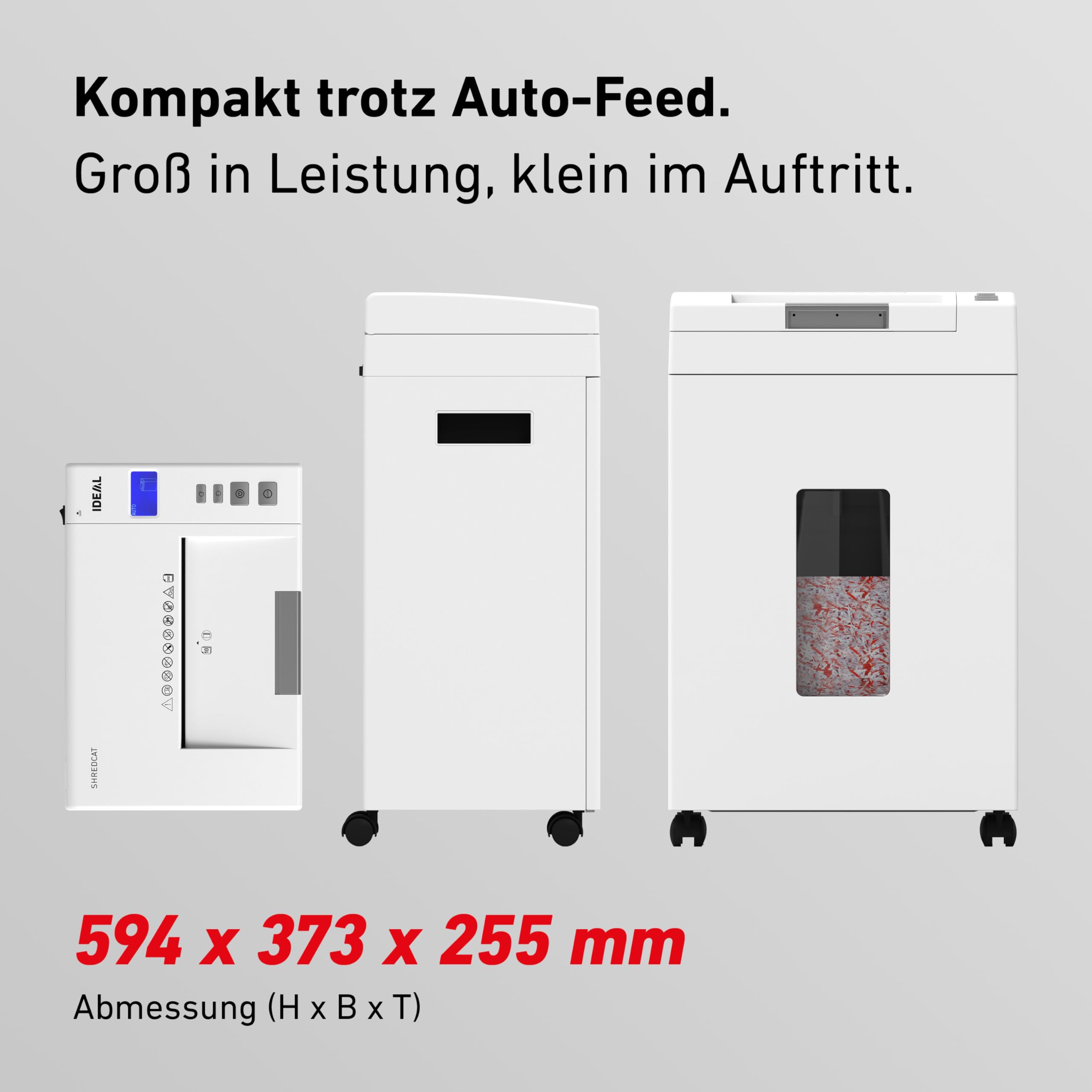 Autofeed Aktenvernichter IDEAL Shredcat 8292, 200 Blatt Papierstapel mit automatischem Einzug schreddern, 10 Blatt manuell, Partikelschnitt P4, leiser Betrieb – spart Zeit im Büro, Verwaltung, Schulen