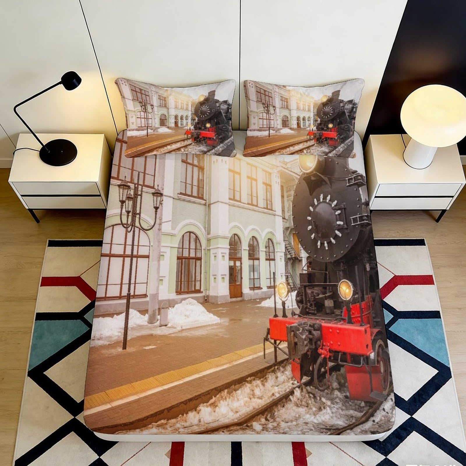 3D Printed Steam Train Station Fitted Sheet Microfiber Non-Slip Bed Cover for Bedroom Guest Room Decor Easy Care 90x200x25cm