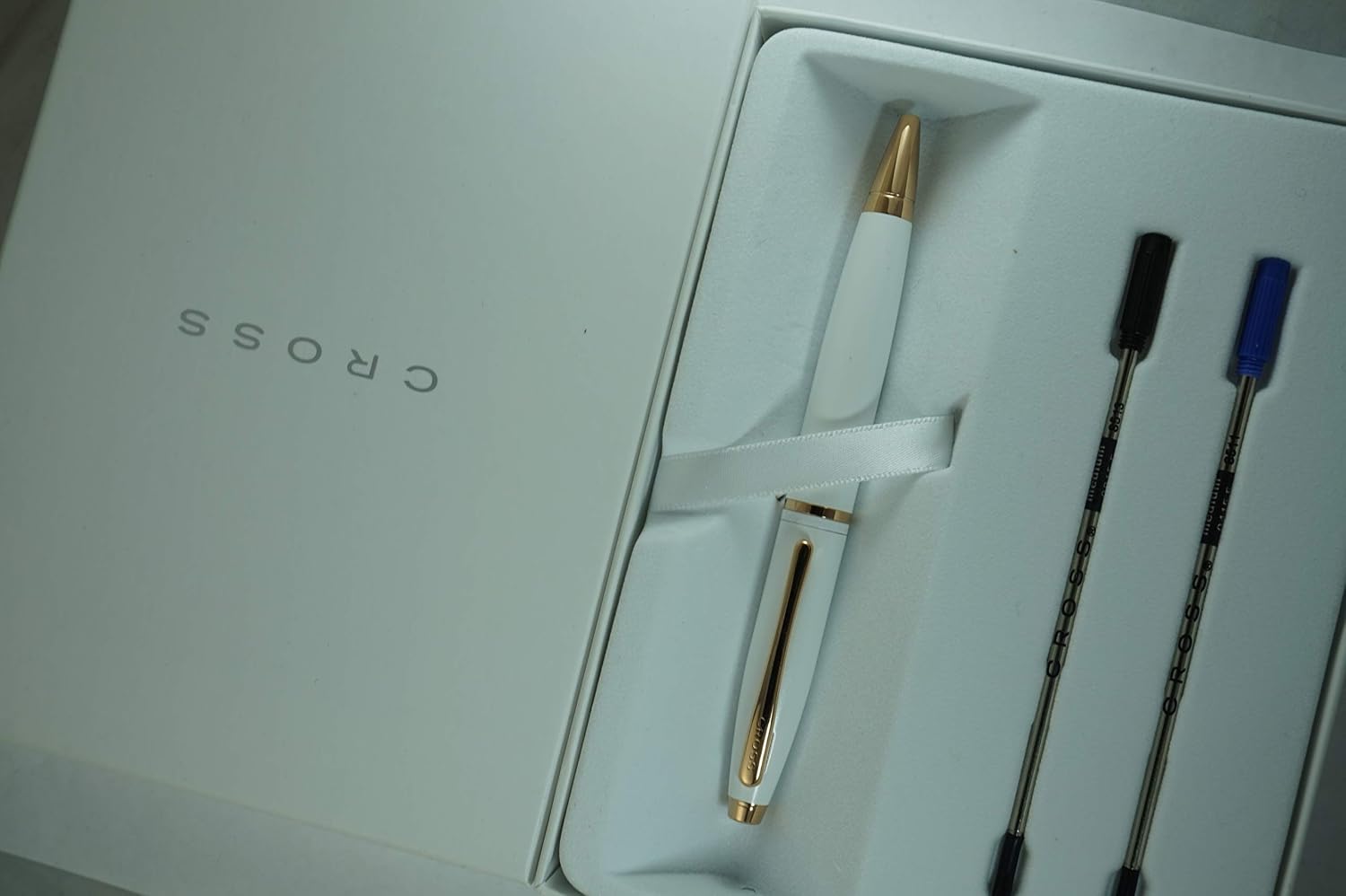 A.T. Cross Pearlescent White Medalist and 23KT Rose Gold Appointments and Cross signature mid Band Calaise Ballpoint Pen and two Bonus refills . A Gift Pen for Anyone and Any Occasion
