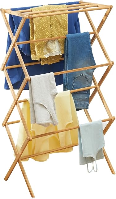 mDesign Bamboo Clothes Rack  Pull-Out Clothes Airer with 3 Tiers  Space-Saving Clothes Horse with Modern Design  Natural