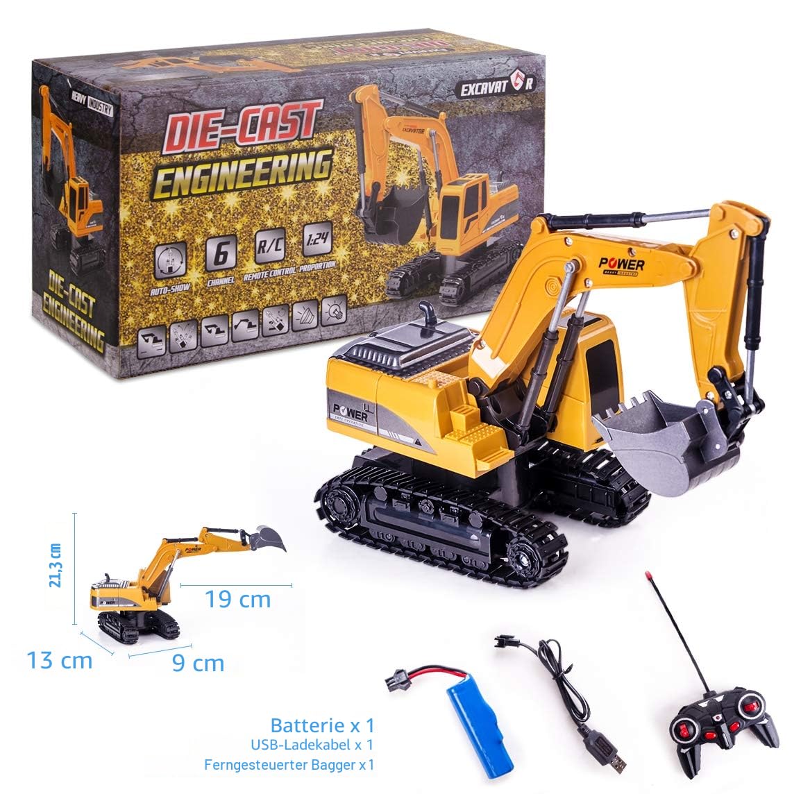 Highttoy Ferngesteuerter Bagger Kinder, 6 Kanal RC Bagger Traktor Spielzeug ab 3 4 5 6 7 8 Jahre Jungen Geschenk, 1:24 Ferngesteuertes Baustellenfahrzeug LKW Spielzeug mit LED und Ton
