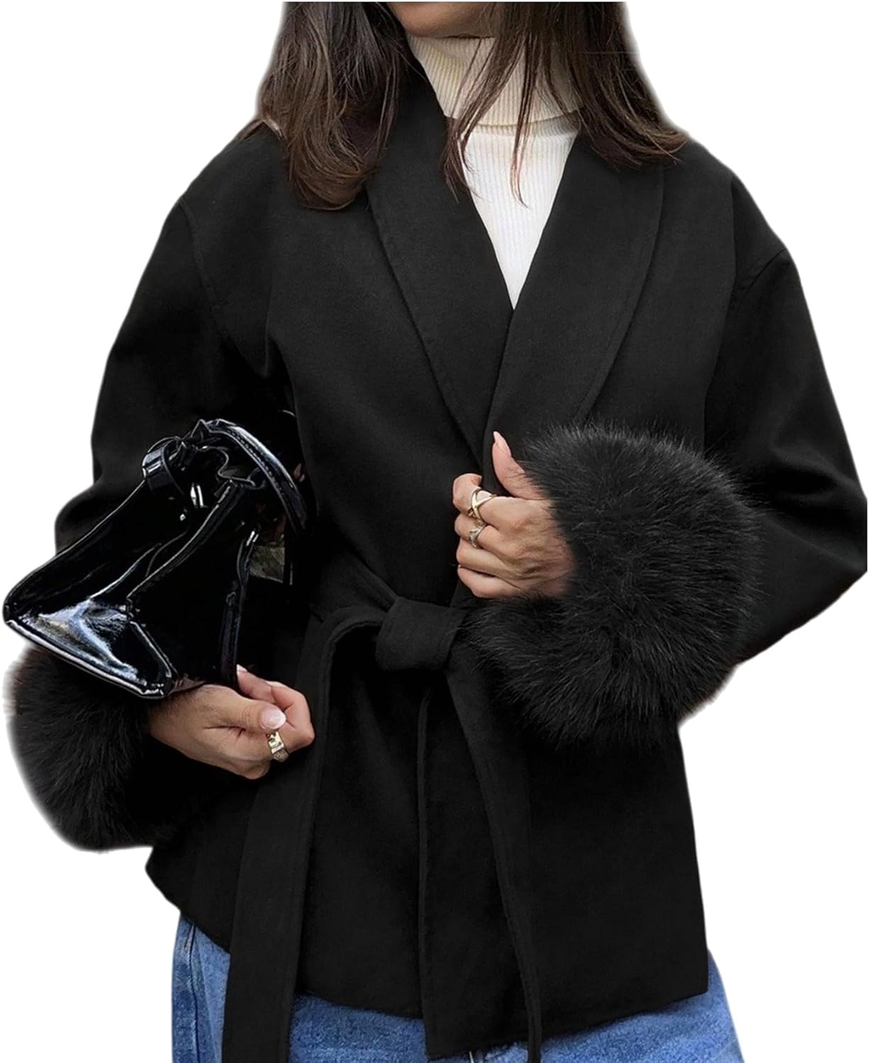Perbai Womens Wool Blend Peacoat Wrap Trench Jacket Lapel Fur Sleeve Open Front Belted Overcoat