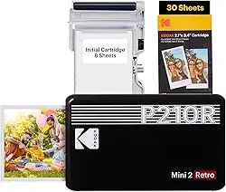 Impressora fotográfica portátil KODAK Mini 2 Retro 4PASS (5,3 x 8,6 cm), inicial 8 folhas + pacote de 60 folhas, preta