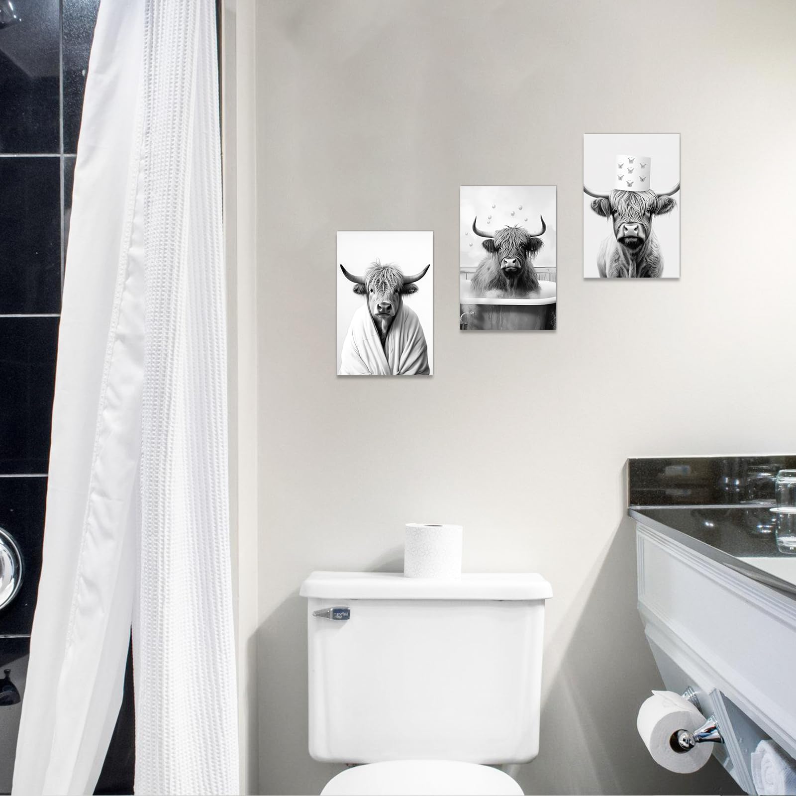 CCWACPP Bathroom Animal Wall Art Set of 3 Funny Black and White Highland Cattle Canvas Print Cow Pictures Wall Decor On Toilet Poster Framed (30x40cmx3 - Image 3