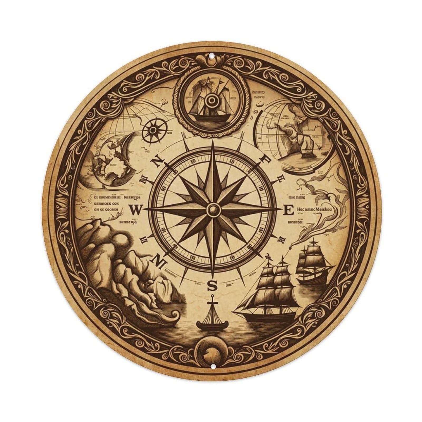 Vintage Nautical Compass World Map Spyglass Chronicle Metal Tin Sign
