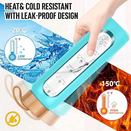 Miniatura 4 de Aqulea Botellas de agua de vidrio de 32 onzas con funda de silicona, botellas de agua motivacionales de vidrio de boca ancha reutilizables sin BPA