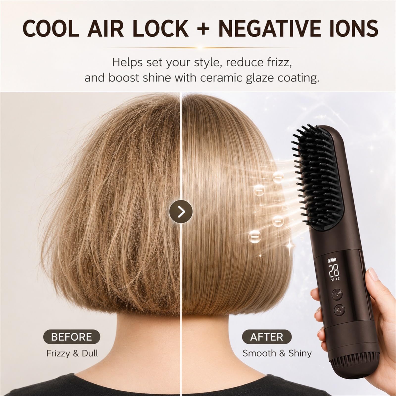 Cepillo Alisador de Pelo Corto Inalámbrico Recargable USB con 3 Temperaturas y Pantalla LED Mini Cepillo Alisador Portátil de Cerámica para Viajes y Retoques