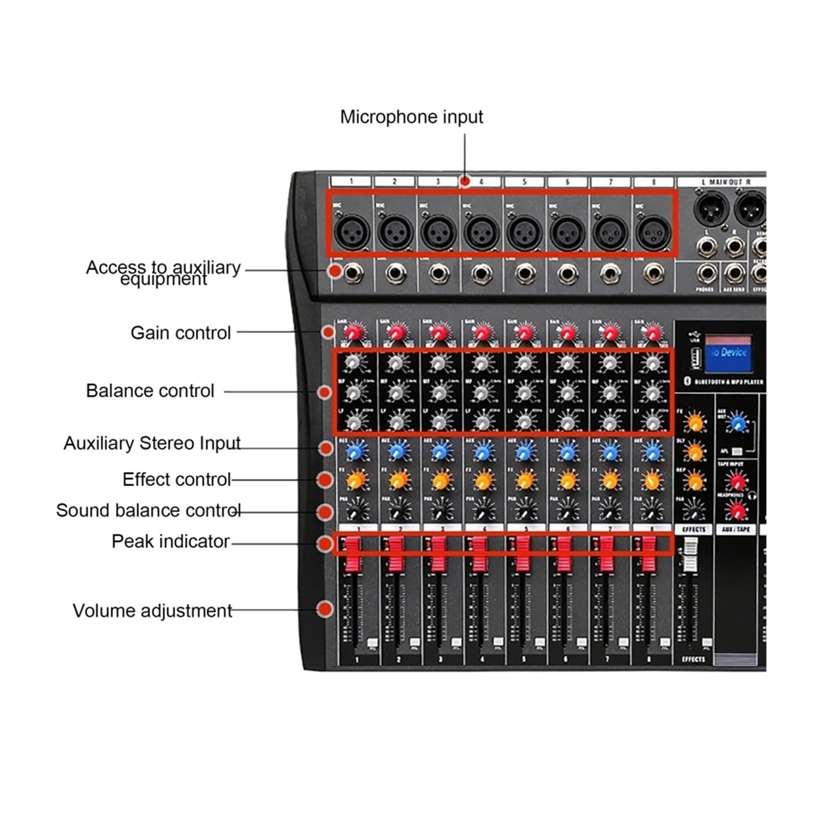 Mezclador de audio, Mezclador de sonido for DJ, controlador mesa, tarjeta interfaz, consolas digitales profesionales, equipo consola 8 canales Para karaoke en estudio