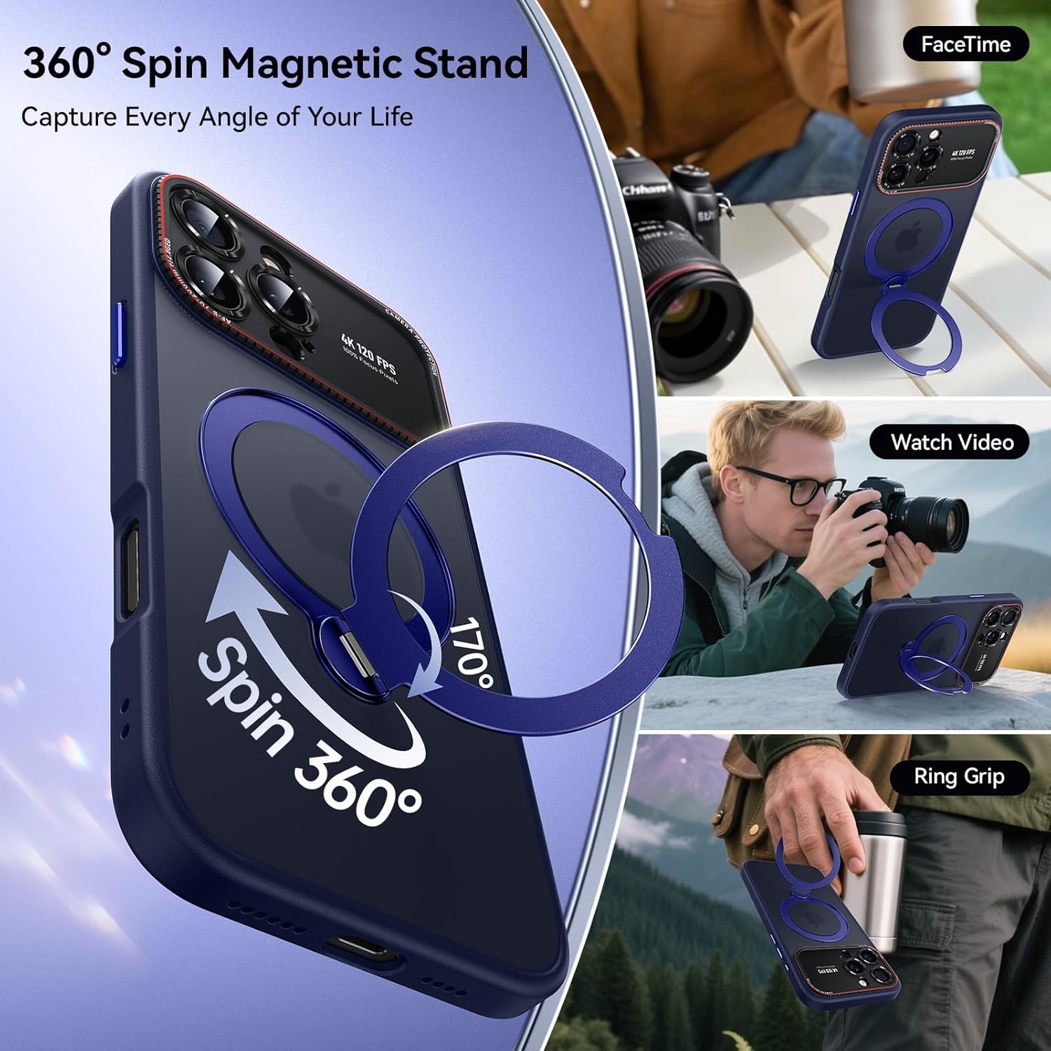 for iPhone 16 Pro Max Case: 360 Spin Magnetic Stand, Camera Protection (Compatible with MagSafe) [16FT Military Protection] Shockproof Matte Translucent Phone Cover for iPhone 16 Pro Max 6.9", Blue