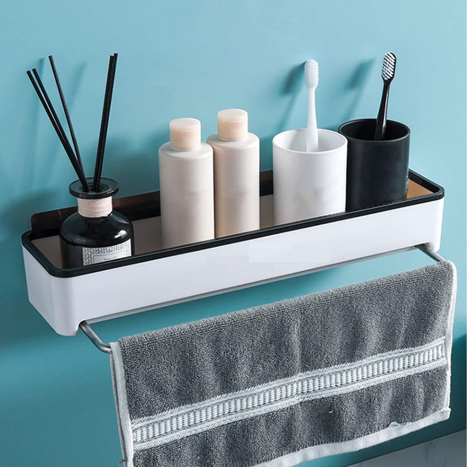 GREEYA Shower Caddy Wall Shelf - Shower Rack Wall Mount with Steel Towel Bar - Non-Drilling Self-Adhesive Bathroom Shelf Kitchen Storage Basket