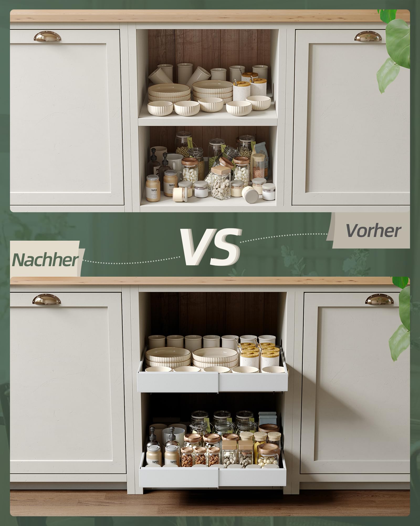 NETEL 2 Stück Teleskopschublade Ohne Bohren,ausziehbare schublade küche | schubladen organizer küche，küchenschrank organizer，telescopic drawer，Kleben oder Schrauben，32-52cm Breite, 42cm Tiefe，Weiß