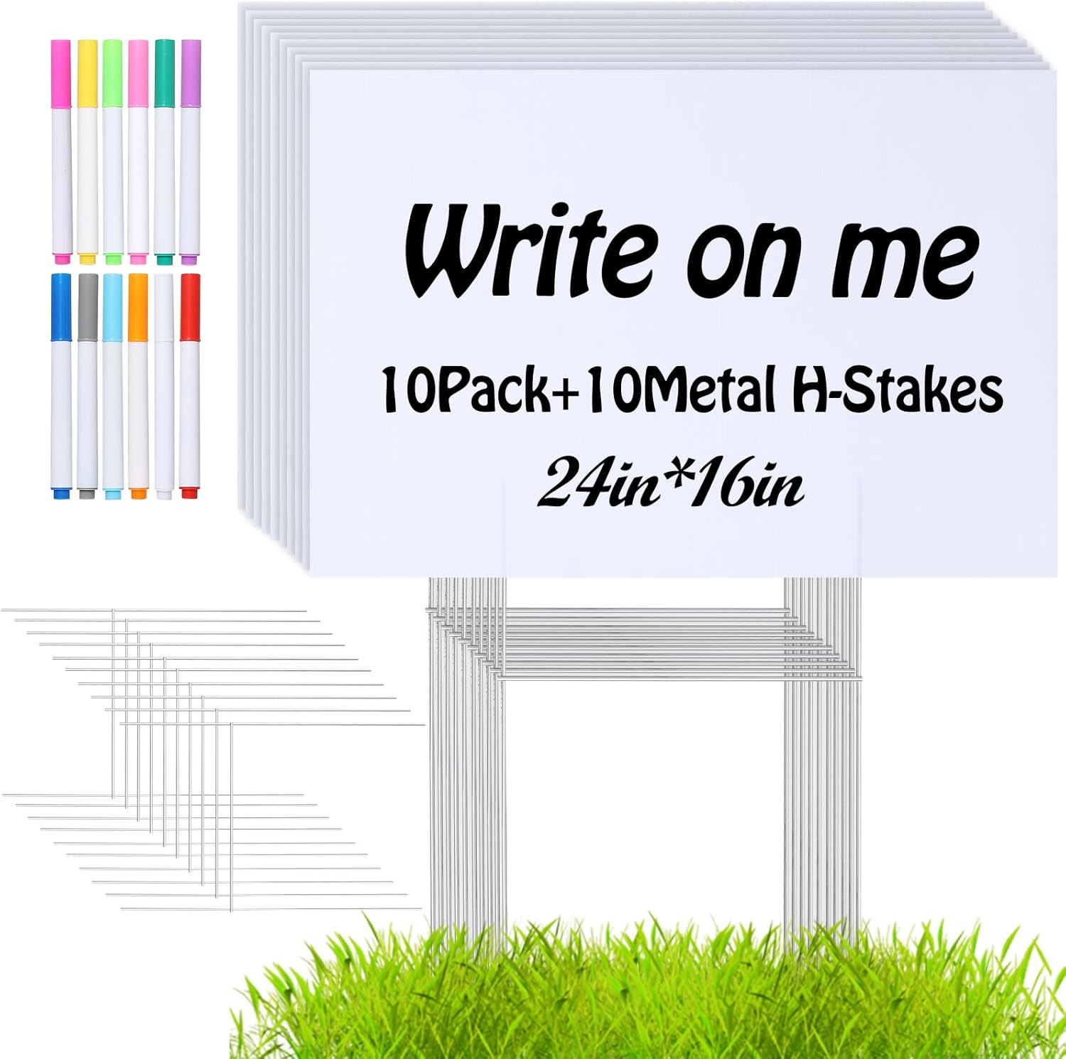 10 PACK 24 x 16 Inches Blank Yard Signs - Waterproof Corrugated Plastic Signs, Blank Yard Signs with Stakes for Gardens, Parks, Warnings, Fairs, Commercials, Garage Sale Signs, Advertising