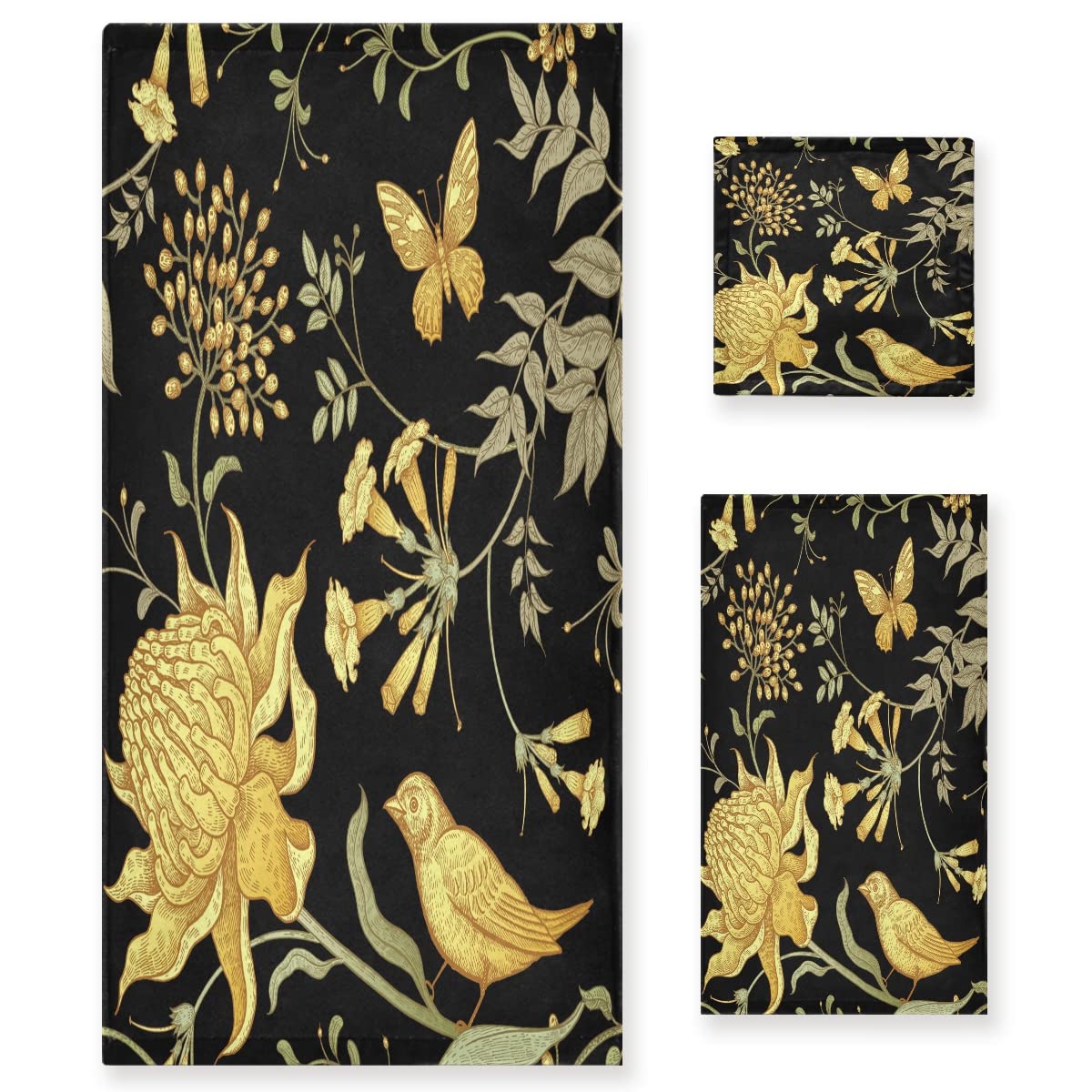 Vnurnrn Flor Amarilla Pájaro Dorado Juego de Toallas para Baño Playa Toalla (1 Toalla de Baño y 1 Toalla de Mano y 1 Paño de Lavado) para Nadar Niñas Niños