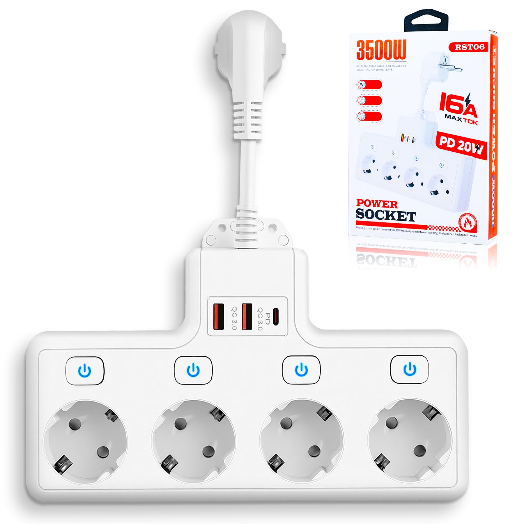 4 Agujeros Enchufess Pared,Regletas-Enchufes,Regletas Enchufes con Interruptor con Interruptor Individual con 2 Puertos USB y 1 Conector Type-C (PD 18-20W) para Hogar,Oficina MAX 3500W/ 16A