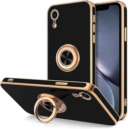 Hython Funda para iPhone XR con soporte de anillo soporte de anillo giratorio de 360 con soporte magnético chapado en oro rosa brillante borde suave