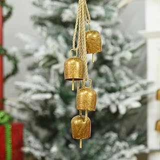Gold Metal Vintage Bells with Jute Hanging Rope, Decorative Cow Bell for...