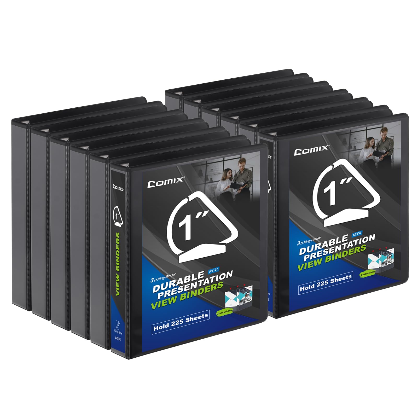 Comix D-Ring Basic View Binder 1 inch 3 Ring Binders, 2.4mm-Thick, Hold 225 Sheets of 8.5" x 11" Paper, 12 Pack (Black)