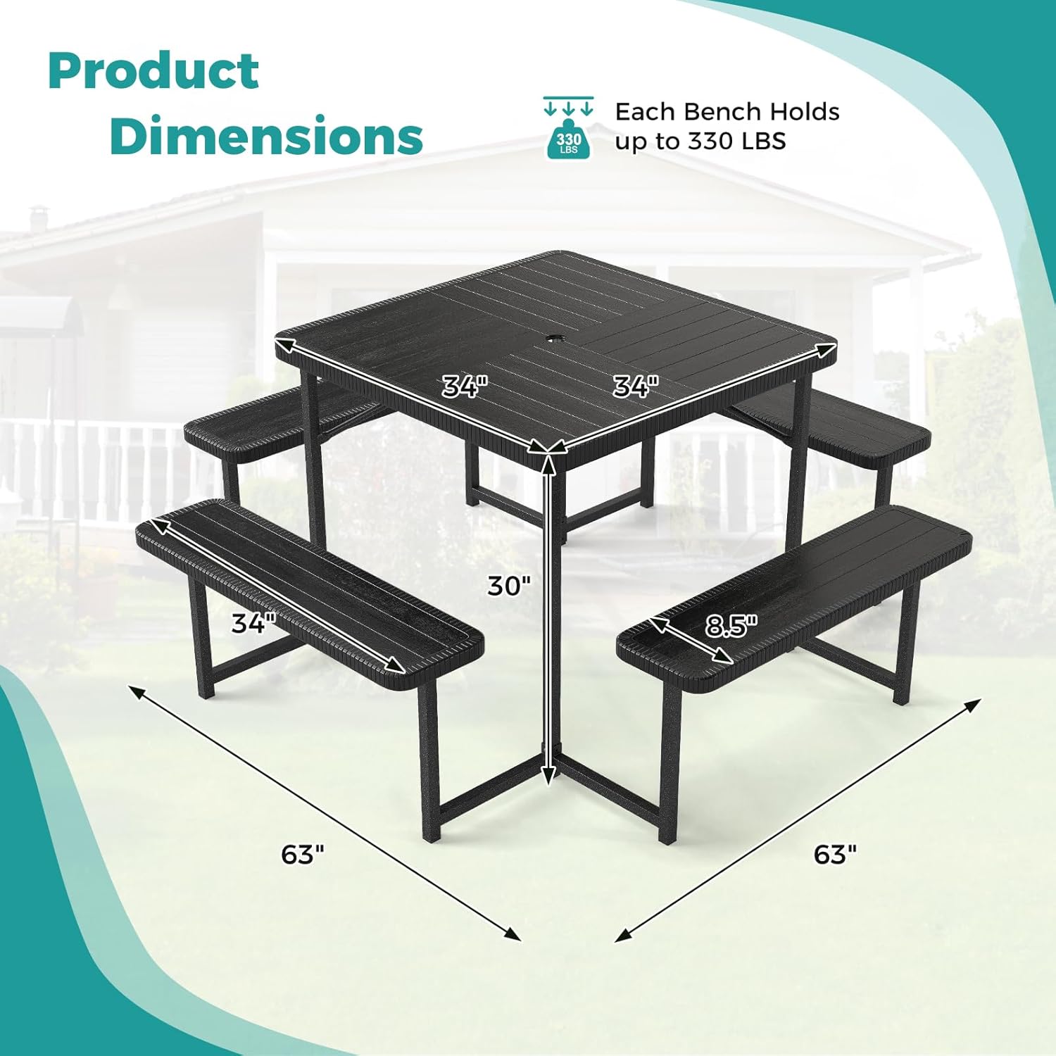 LDAILY 8 Person Picnic Tables with Benches, Square Camping Table Set for Outside with Umbrella Hole, HDPE Tabletop, Metal Frame, Heavy Duty Picnic Table for Outdoors, Patio, Lawn, Commercial (Black)
