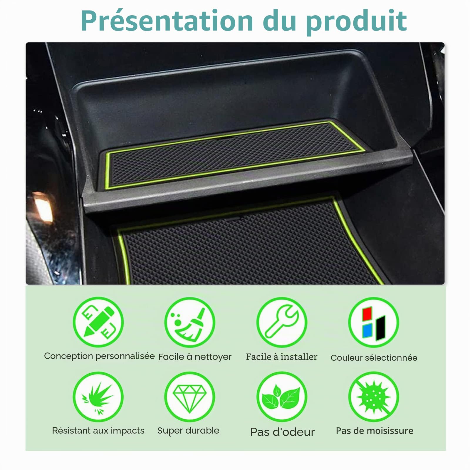 GAFAT Peugeot 208 e-208/ Peugeot 2008 e-2008 2020-2024 2025 Tapis Antidérapants, Peugeot 2008 2023 Restyling Console Centrale Accoudoir en Caoutchouc, Porte-Gobelets, Couture de Porte (Jaune-Vert 1)