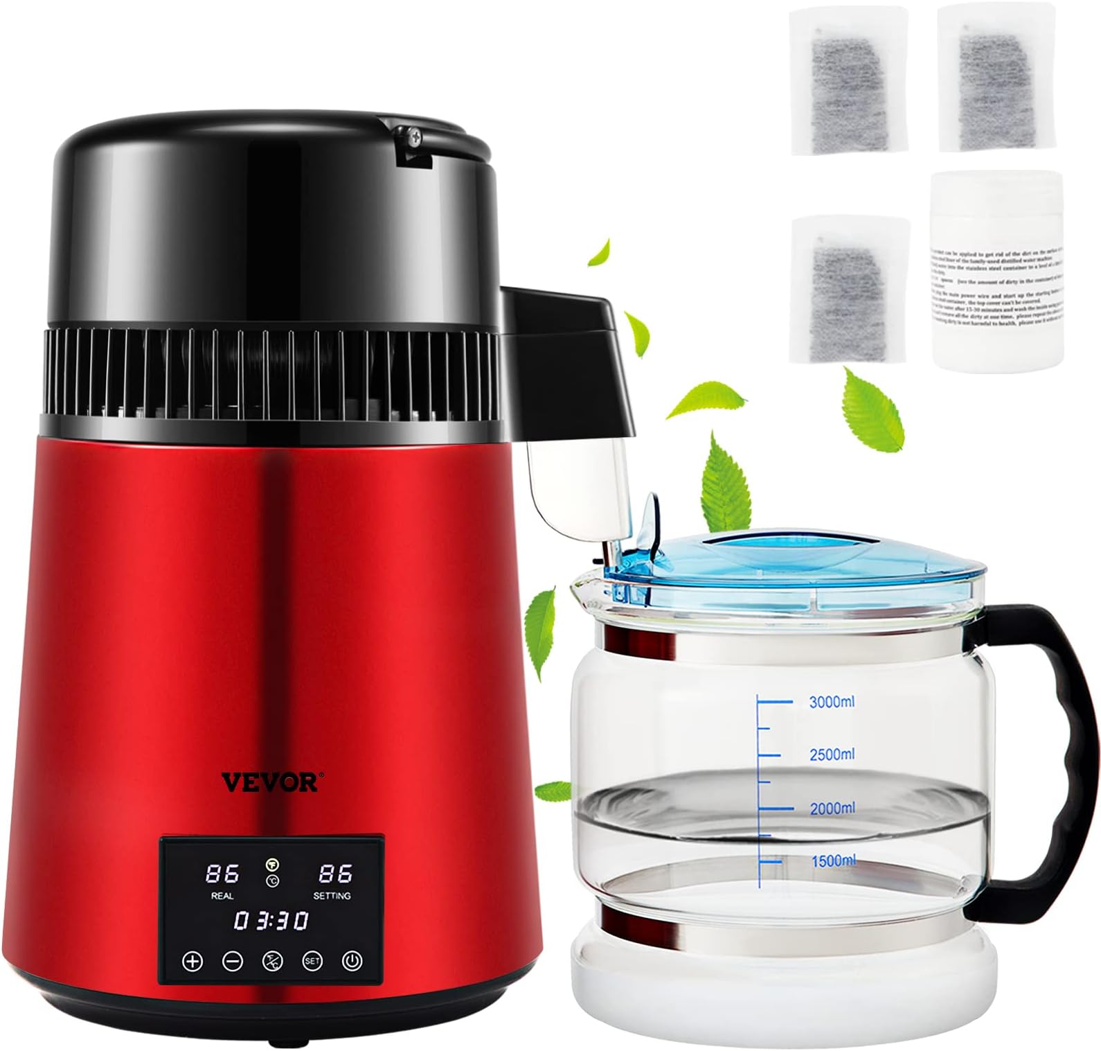 Vevor Water Distiller, 1 L/H, 4L Distilled Water Maker w/ 0-99 H Timing, 750W Countertop Water Purifier w/Dual Temp Display, 3 Carbon Packs Equipped, FDA Approved, Red, Φ235 x385 mm