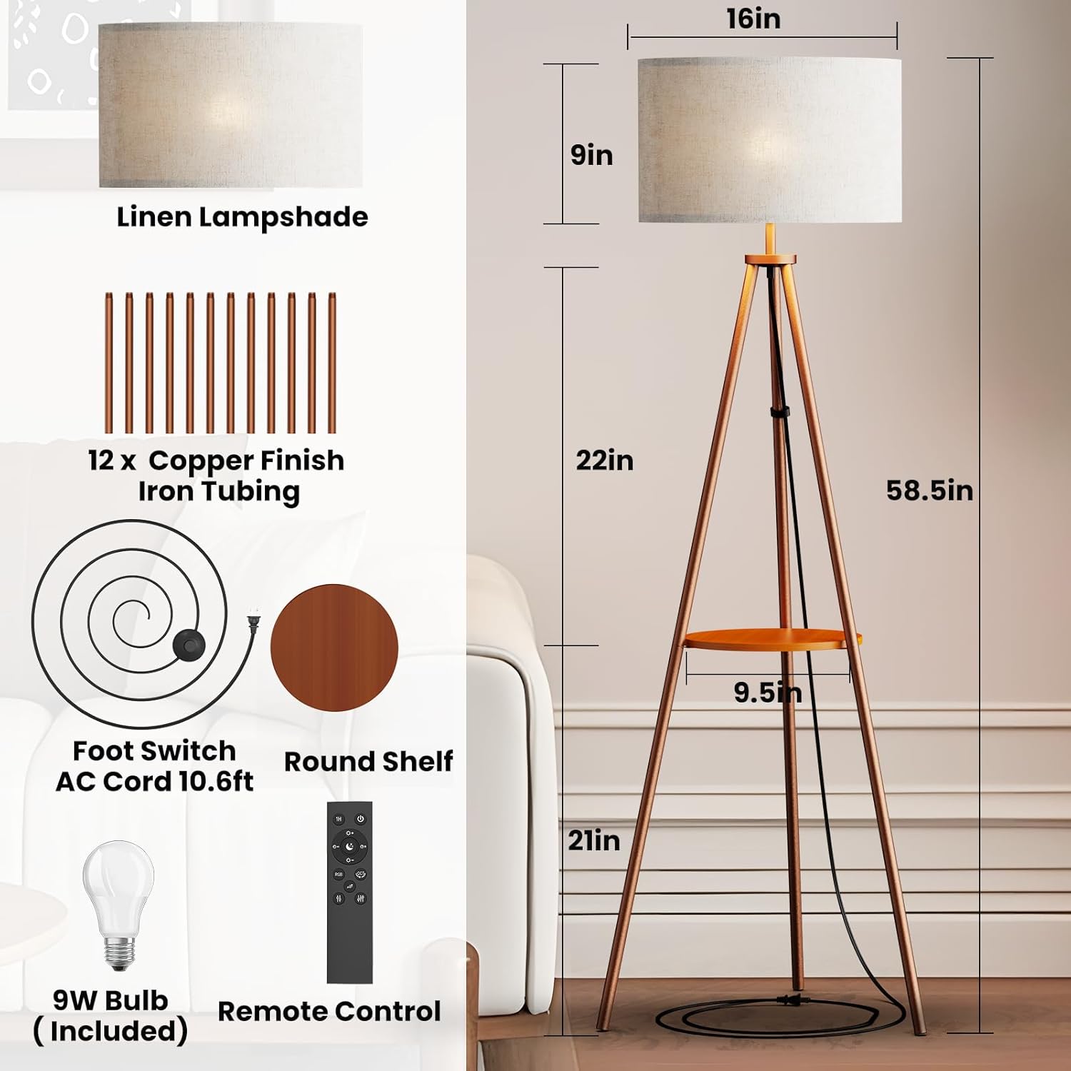 Tripod Floor Lamp with Shelves, RGBW Color Changing LED Bulb Included, Remote & App Control, Mid Century Modern Standing Light, E26 Base,Boho Copper Finish for Living Room, Bedroom, Office
