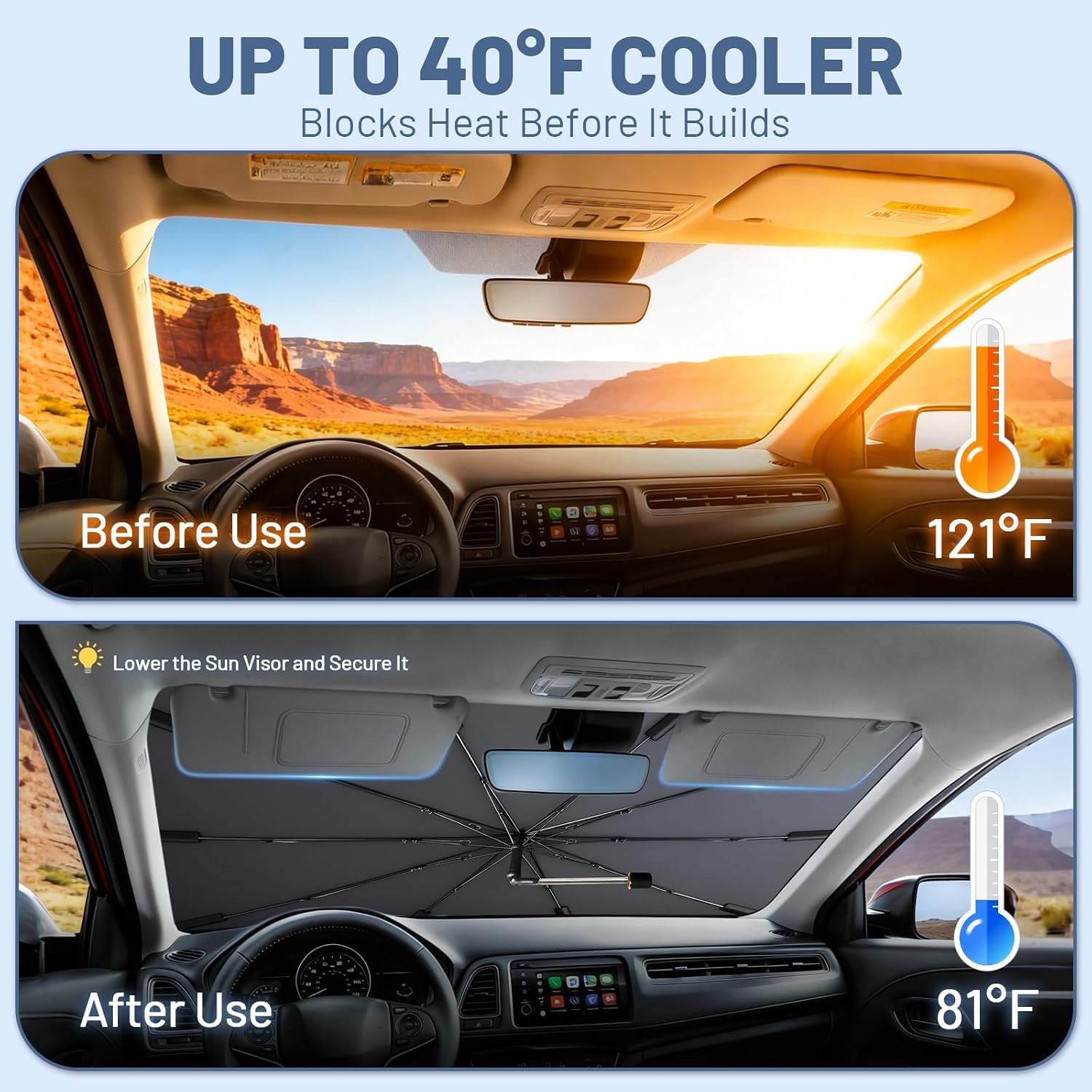 [2026 Upgraded] Windshield Sun Shade Umbrella, Nano-Coated Reflective Fabric Sunshade for Front Window, Foldable Car Shades Sun Visor Keep Car Cool and Protect Interior (Large-57 L x 32" W)