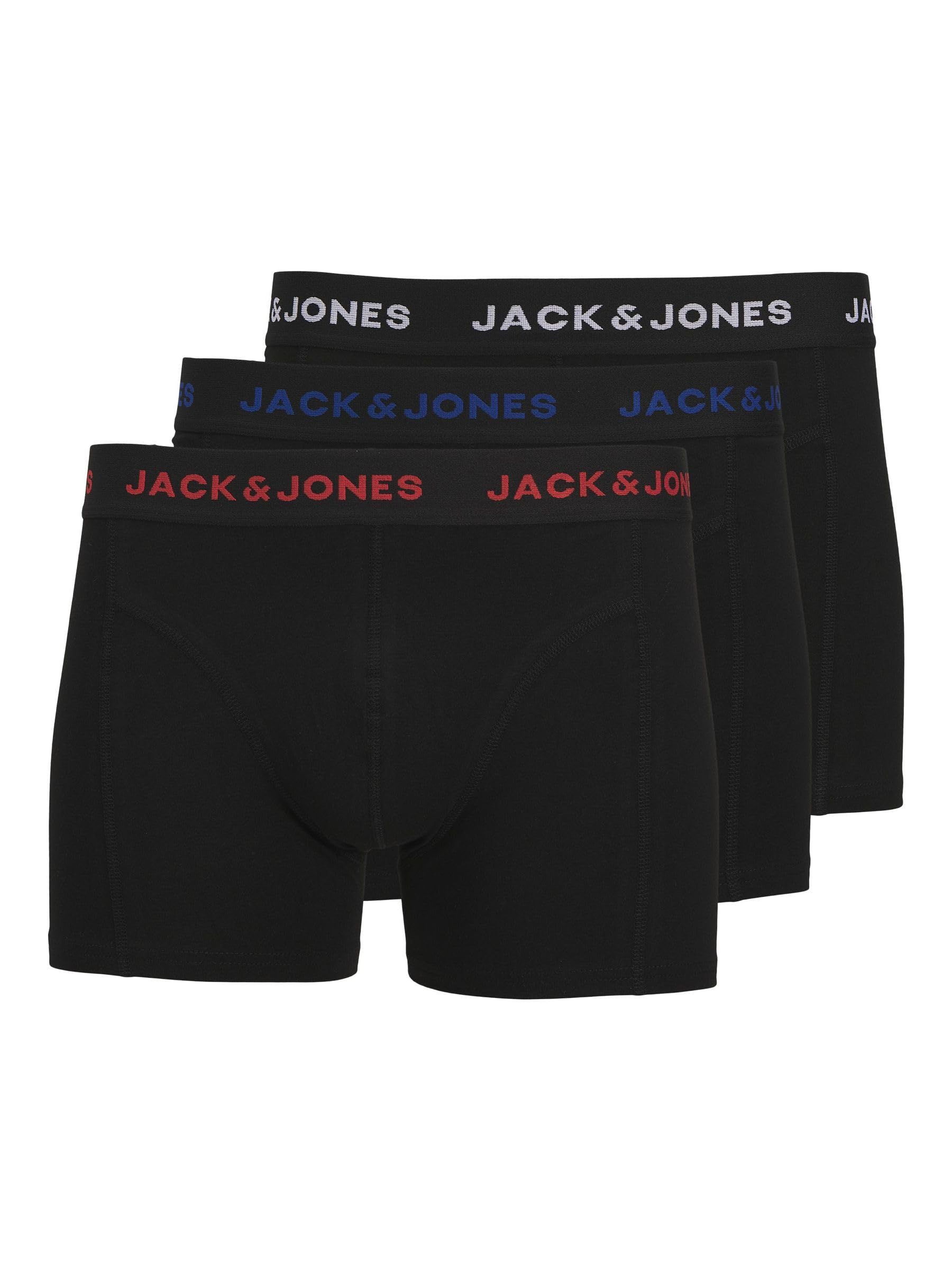 Jack & Jones Men's Black/Pack: Blue Logo, Red Logo, White Logo Jac Friday Trunks 3 Pack Boxer Shorts, Large