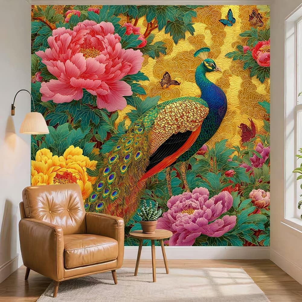 Grandi Murali Poster Lussuosi Fiori di Pavone Carta da Parati Tessuto Non Tessuto 250x175 cm Oro Carta da Poster Panoramica, Fotomurale Decorativo per Pareti Interne