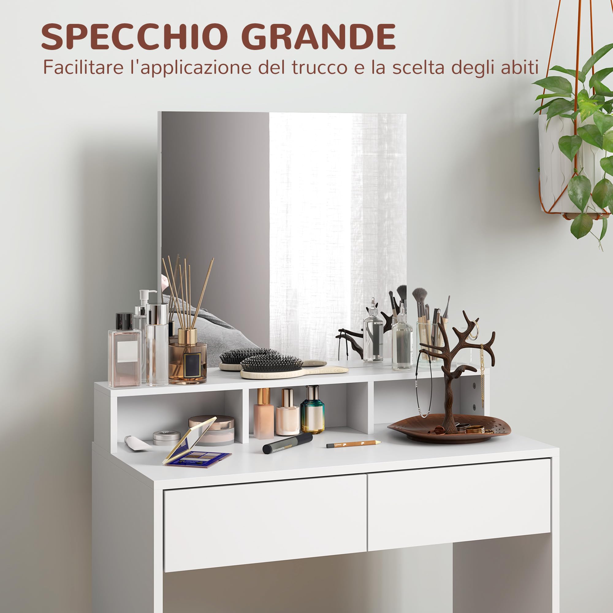 HOMCOM Postazione Trucco con Sgabello, Tavolo da Trucco con Specchio, 3 Ripiani, 2 Cassetti, Toeletta Trucco Moderno in Legno per Camera da Letto, 75x38x135 cm, Bianco