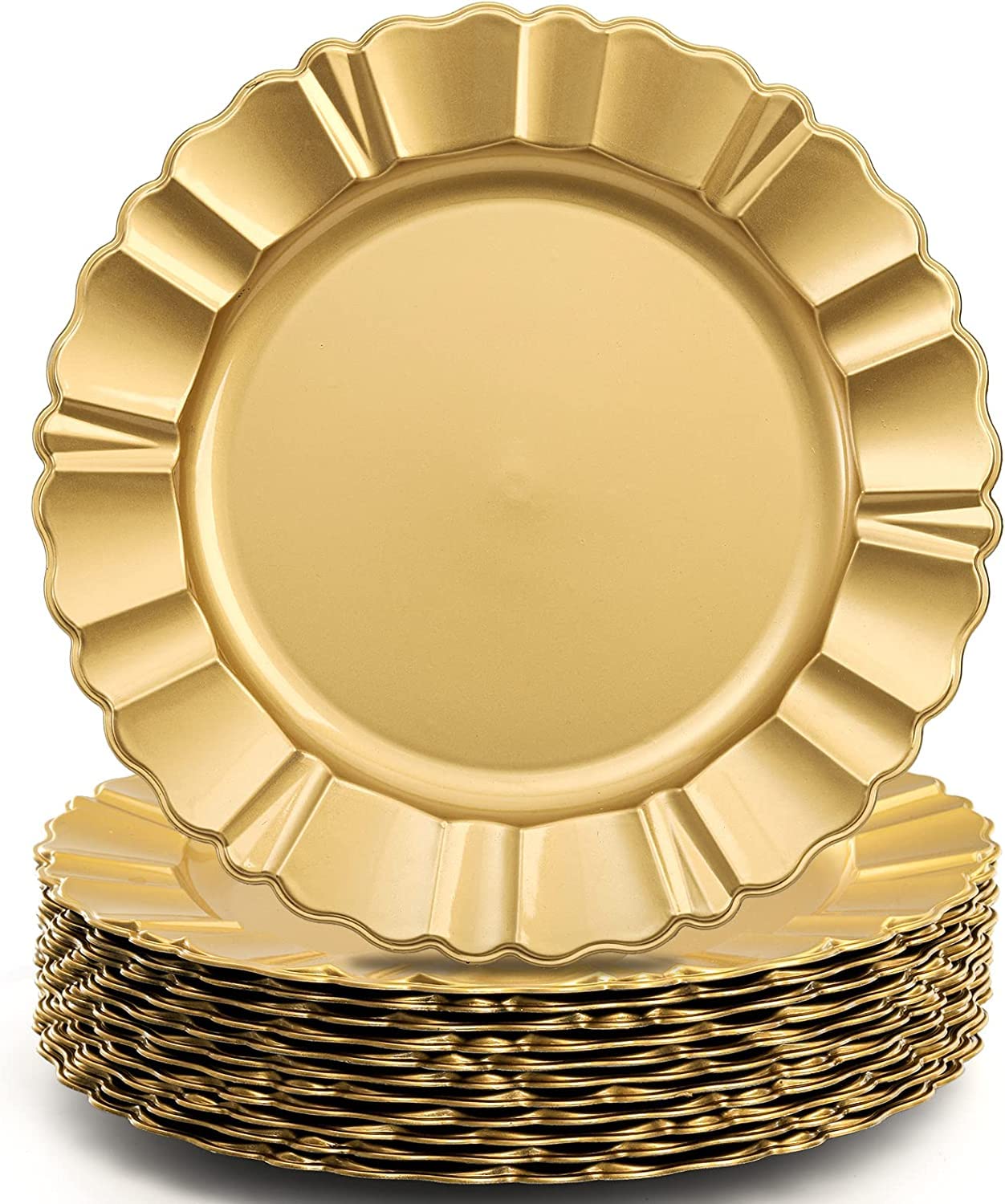 Jucoan 12 Pack Gold Plastic Charger Plates, 32 cm Round Charger for Dinner Plate, Fluted Edge Charger Plates for Wedding Party Decoration