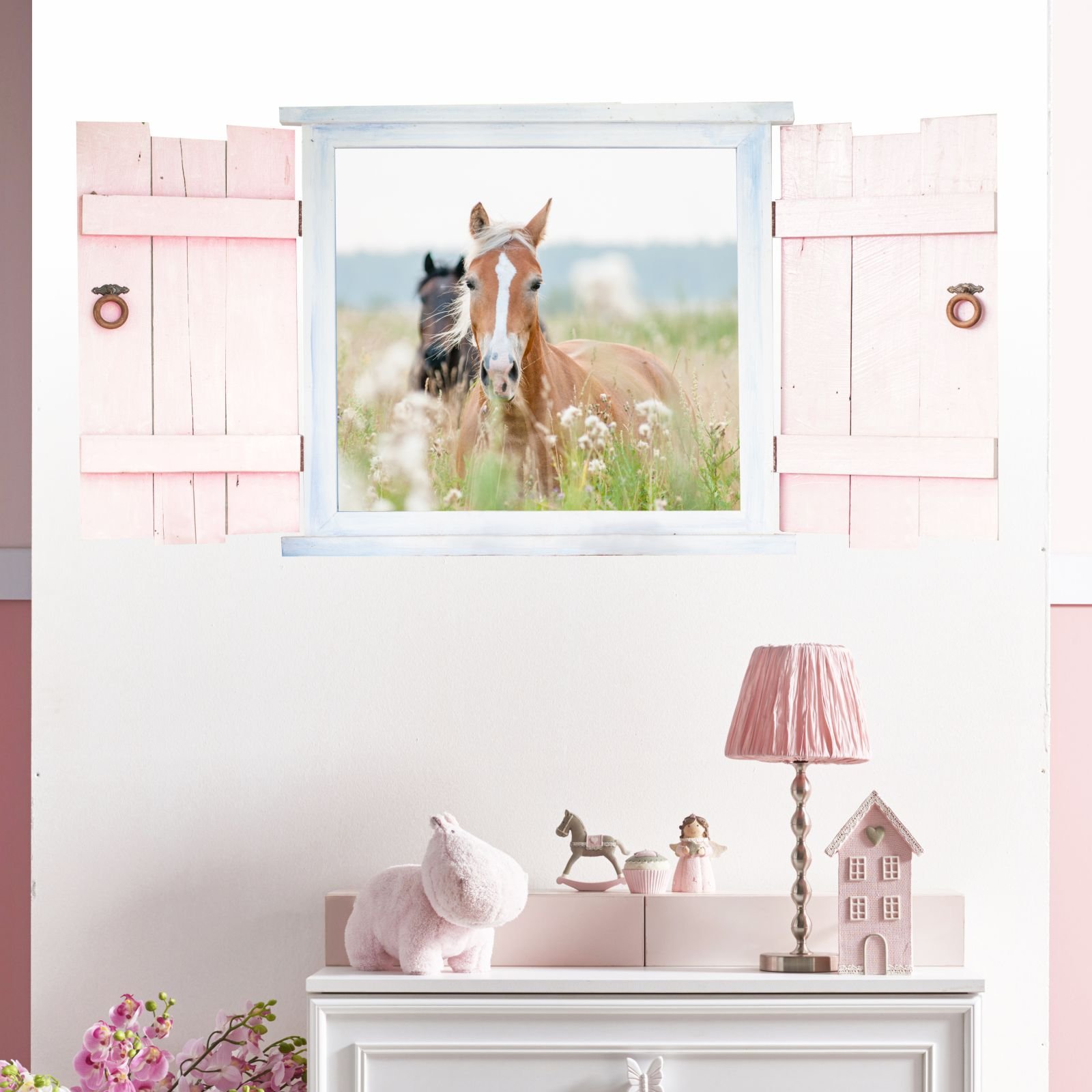 023 Sticker mural Chevaux dans la fenêtre avec volets – Disponible en 6 tailles – Magnifiques stickers pour chambre d'enfant et stickers mignons – Décoration murale pour garçon et fille – Dimensions