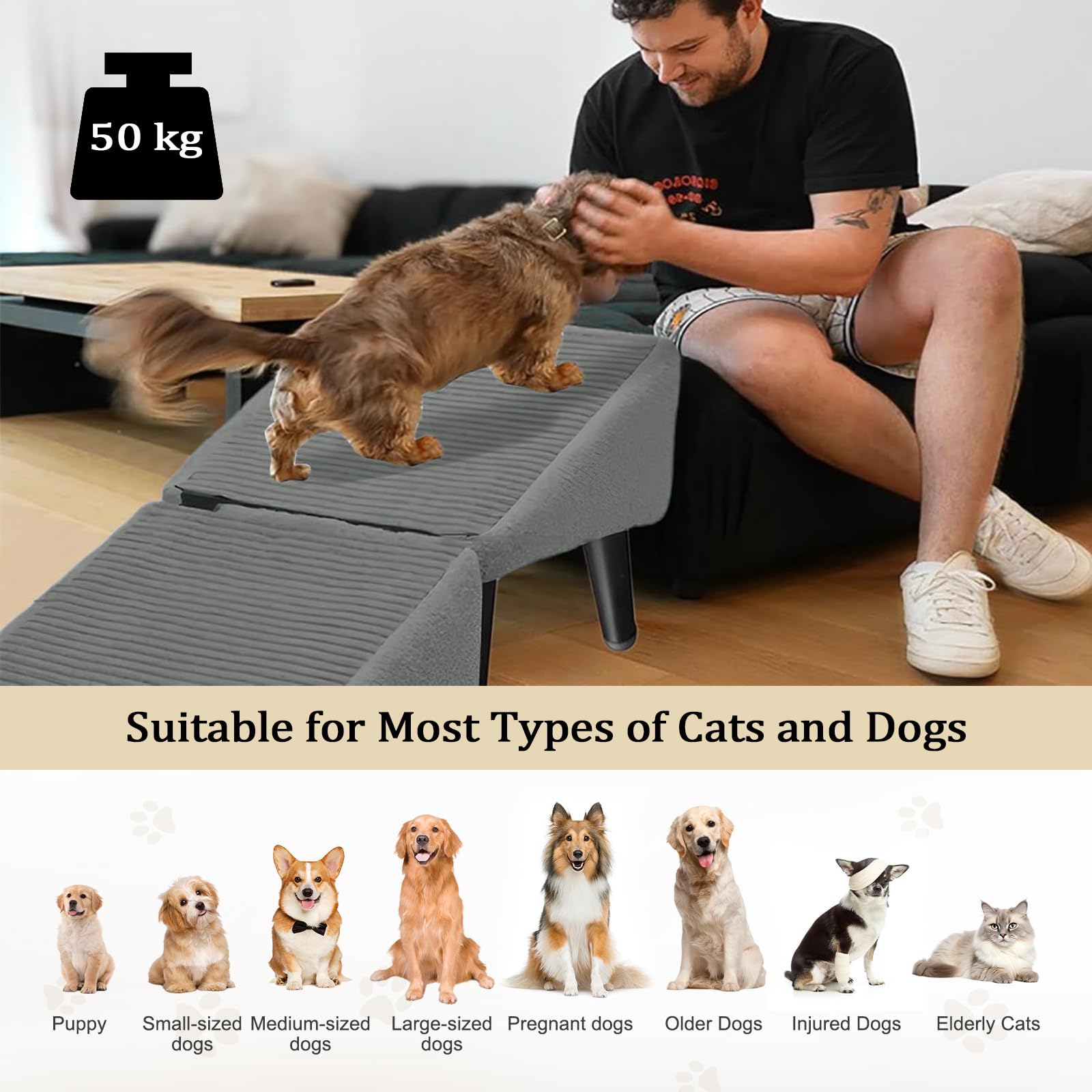 Scalini per Cani, Scaletta Pieghevole per Cani per Letto Divano Cane di Taglia Media e Grande, Rampa Antiscivolo Multifunzionale per Cani, Scaletta Resistente all'Usura per Cani di Piccola,Cachi