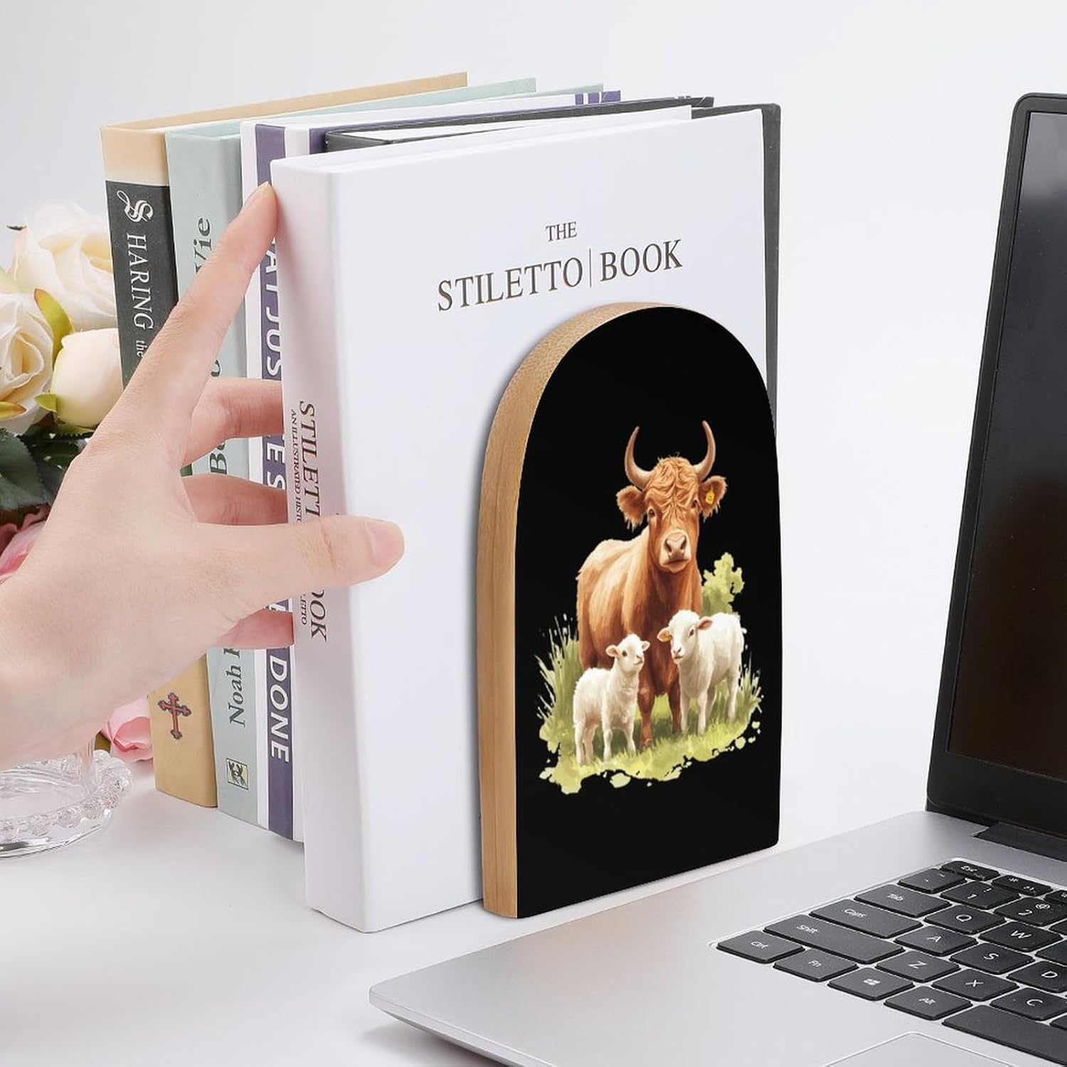 Cute Highland Cow and Lamb Cute Wood Book Ends Decorative Bookends 1 Pair Non-Skid for Shelves Home Office 7 X 5 Inch