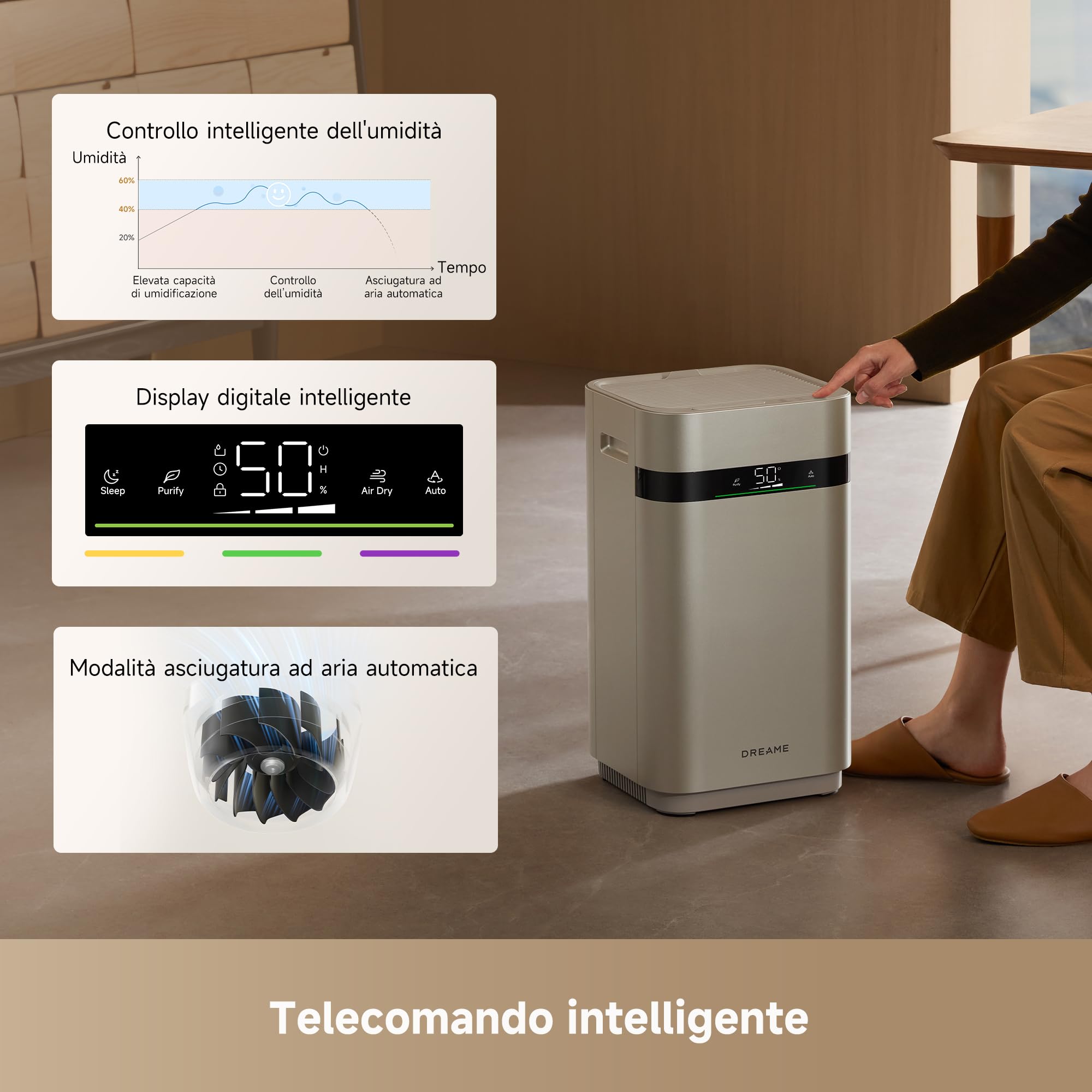 DREAME H40 Umidificatore, Tecnologia Evaporativa senza Nebulizzazione | Umidificazione Rapida 800 mL/h, Serbatoio Acqua 6 L, Purificazione in 4 Fasi, Display Digitale, Telecomando