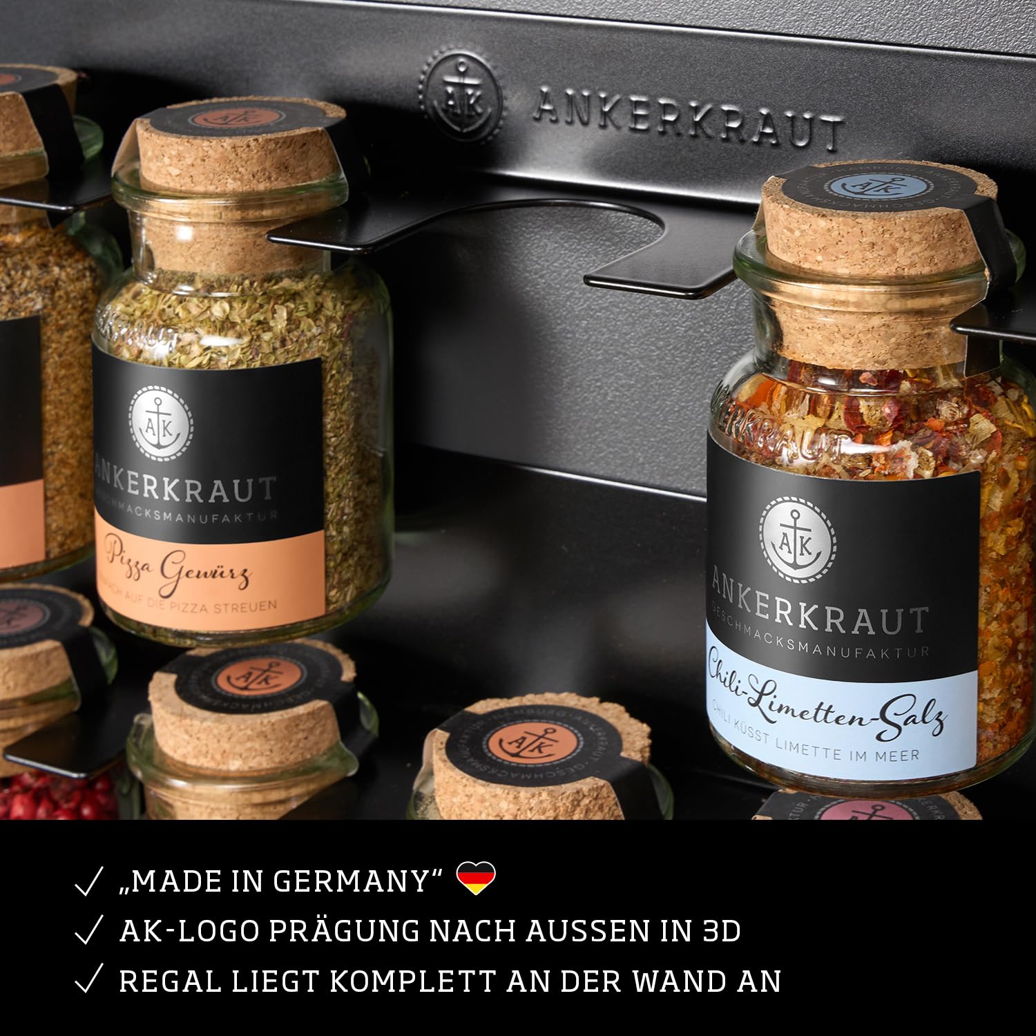Ankerkraut 15er Gewürz-Regal, Gewürz-Organizer aus Metall, original passend für 15x Gewürzgläser, einfache Montage inkl. 4x Dübel und Schrauben, Made in Germany